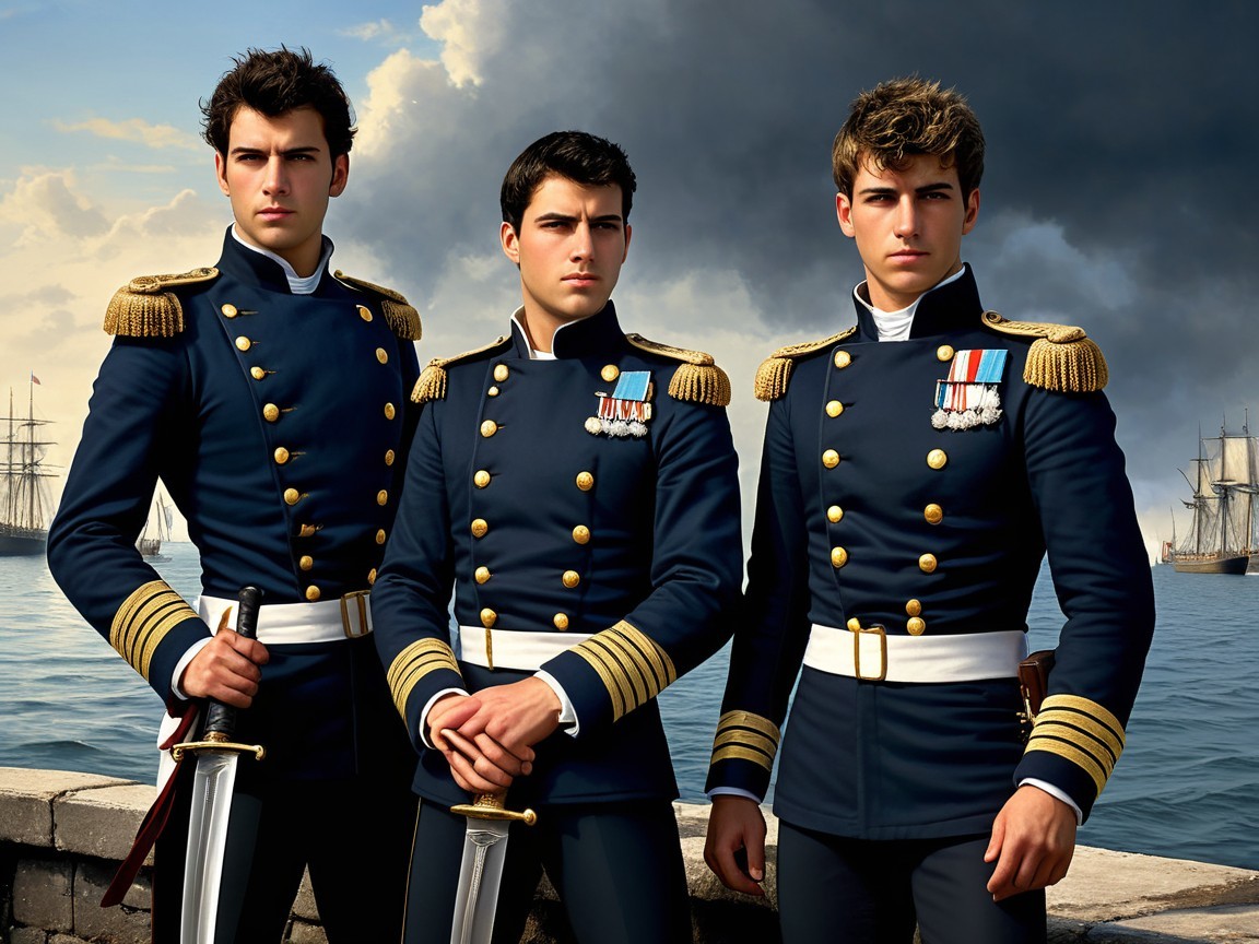 Young Men in Naval Uniforms by Waterfront with Ships