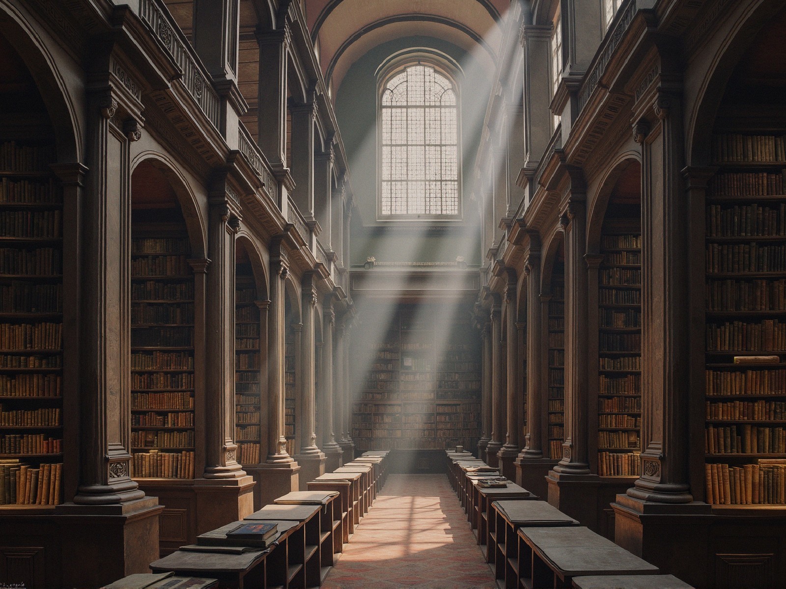 Historic Library with Arched Ceilings and Stained Glass