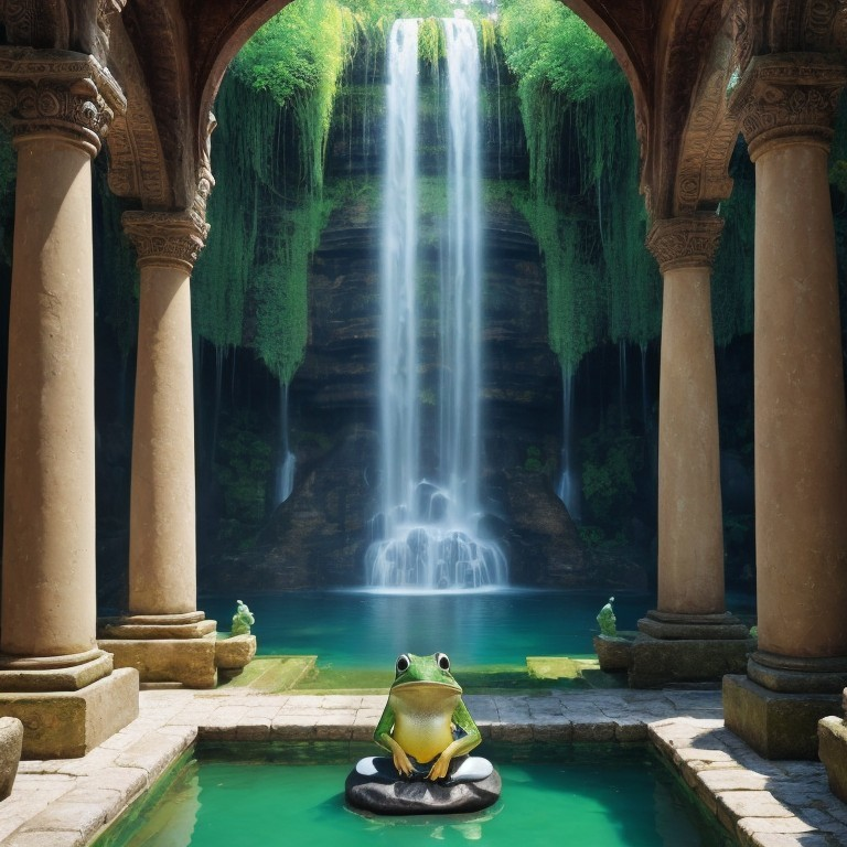 Vibrant Frog on Lily Pad by Ancient Stone Structure