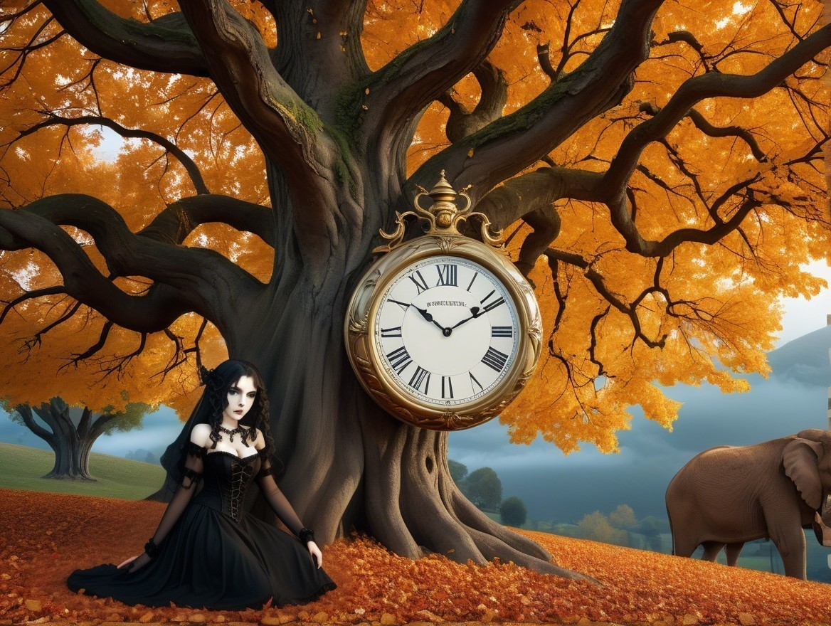 Ornate Clock and Autumn Tree with Mysterious Figure