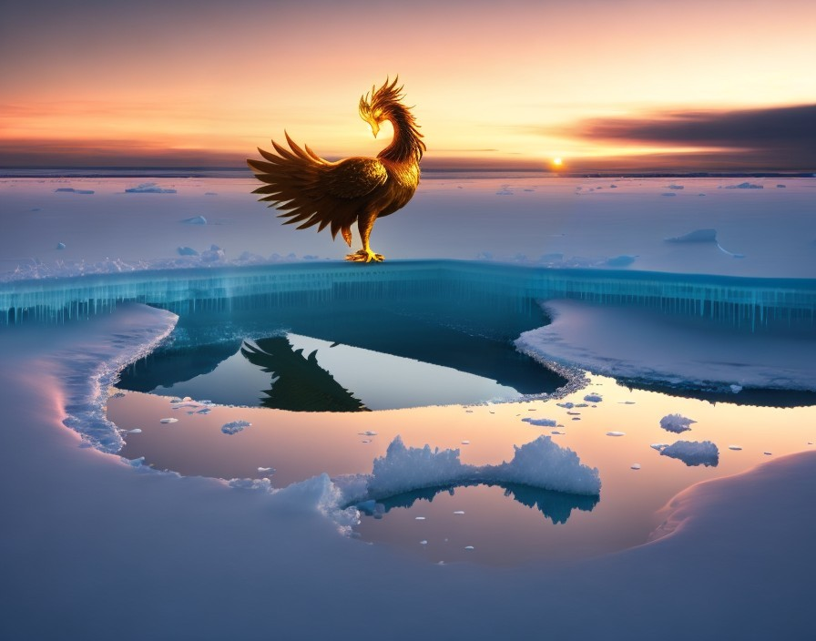 Golden phoenix by icy pool at sunrise in snowy landscape