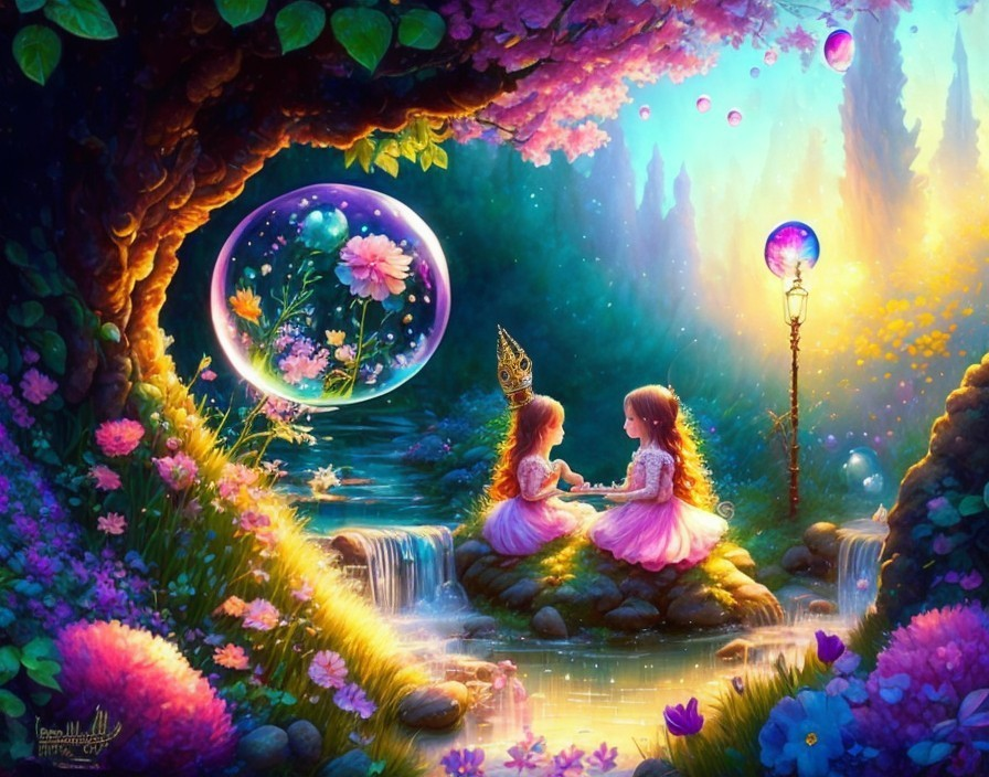 Fairy-like girls by a serene stream in a forest