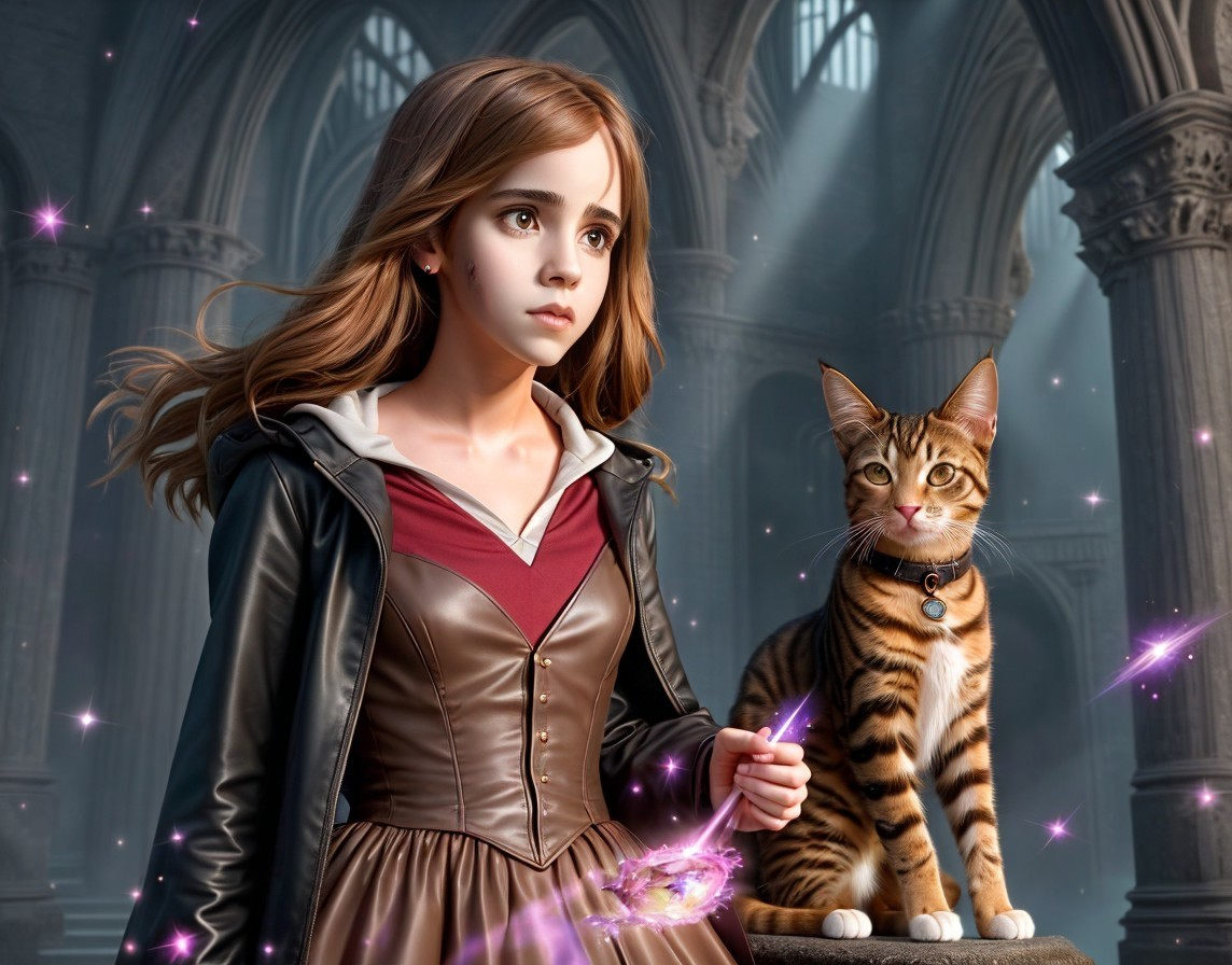 Young girl with wand in enchanted hall with cat