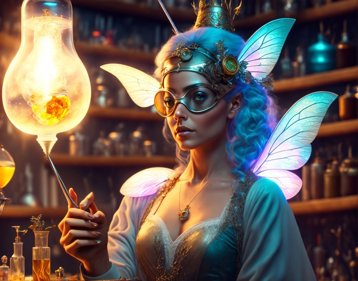 Fairy in Alchemist's Lab with Glowing Wings and Artifacts