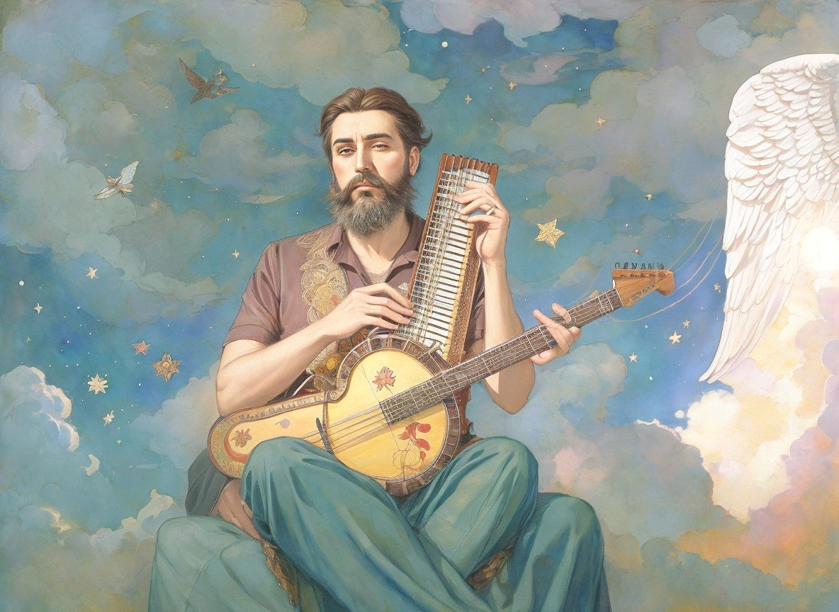 Serene Man with Instrument Against Dreamy Sky