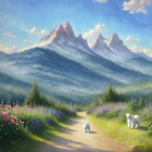 Serene Landscape with Mountains and Wildflower Path
