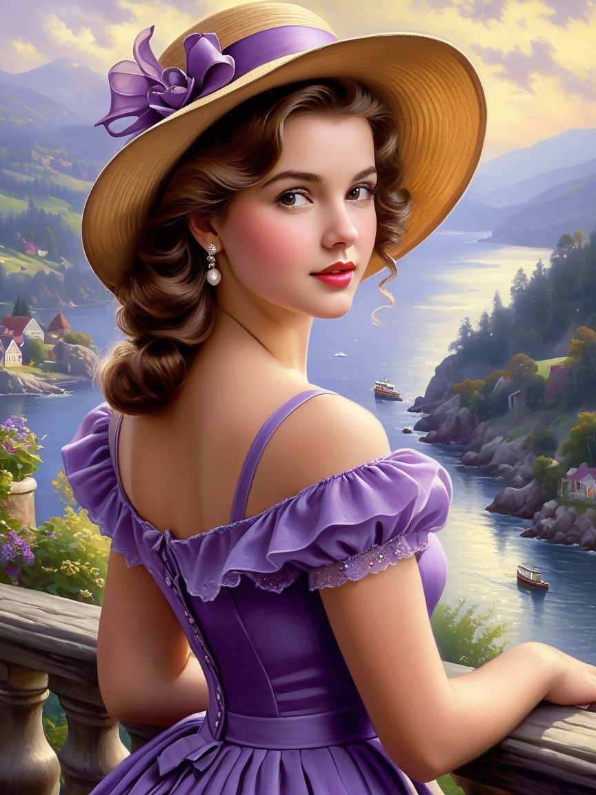 Young Woman in Purple Dress by Serene Lake and Mountains
