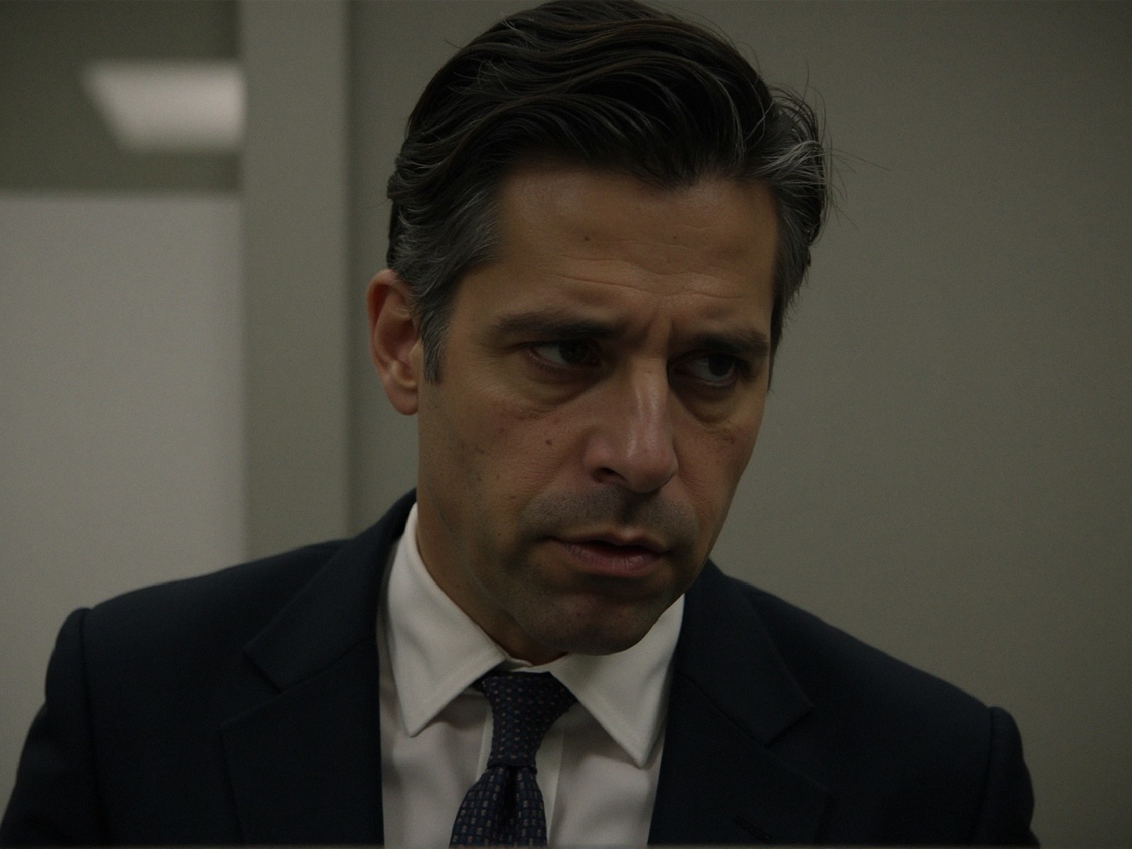 Man in Formal Suit Deep in Thought in Office Setting