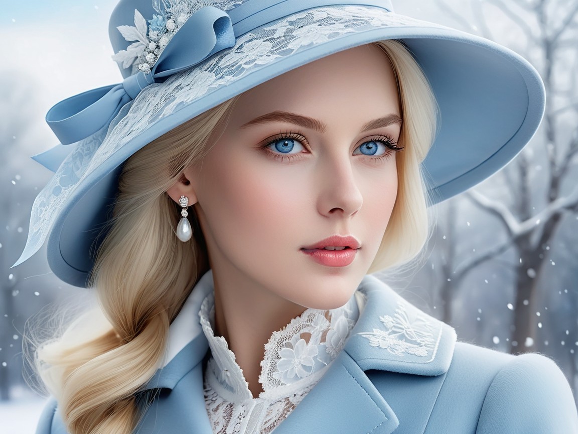 Young Woman in Elegant Winter Attire with Blue Hat
