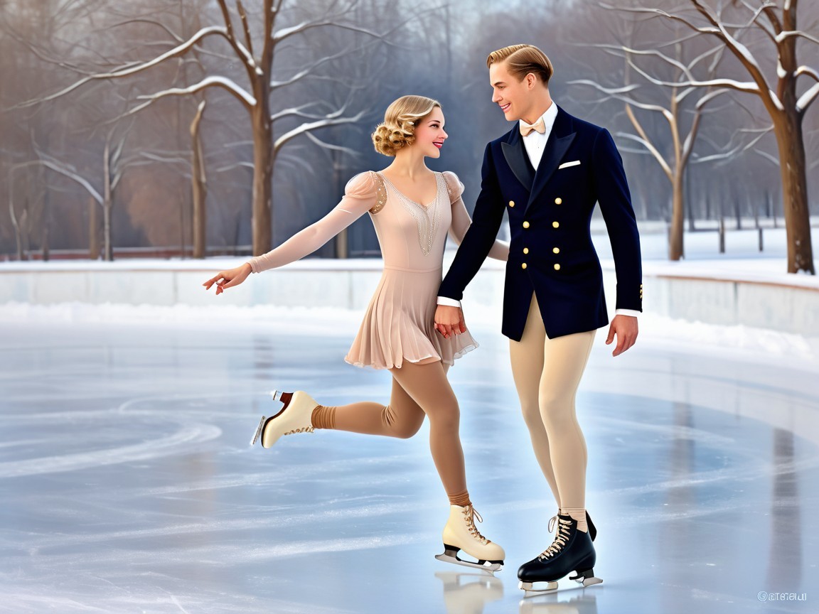 Ice Skaters on Outdoor Rink Surrounded by Snow