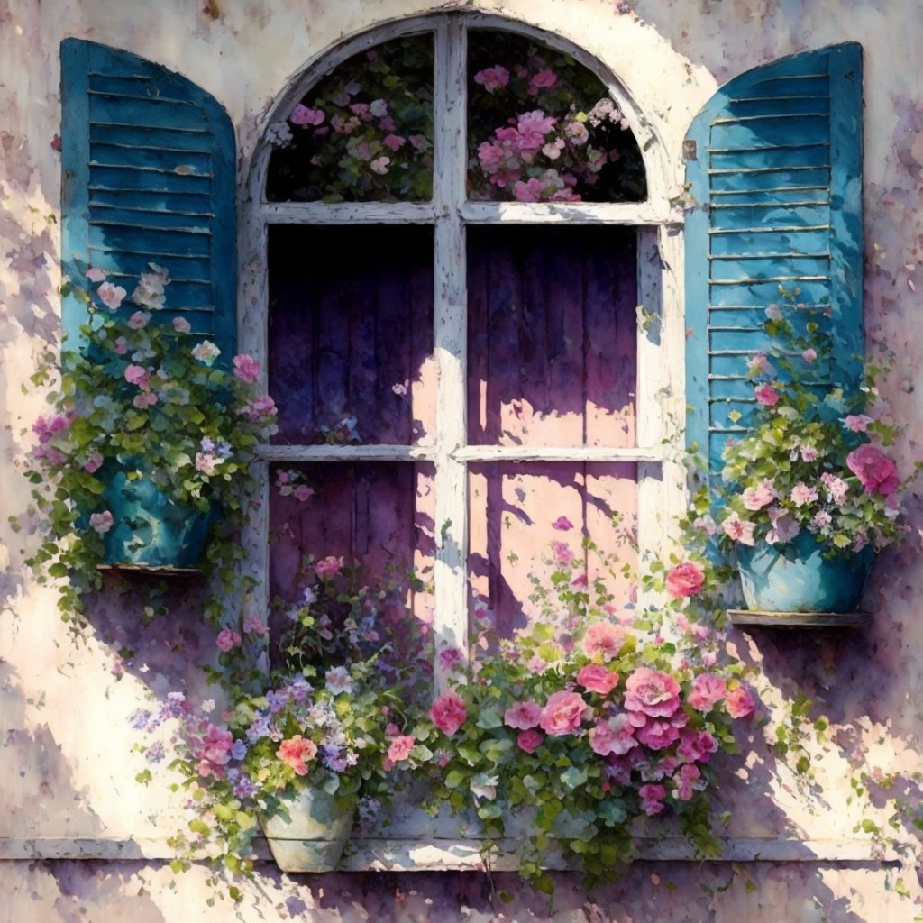Charming Window with Blue Shutters and Floral Display