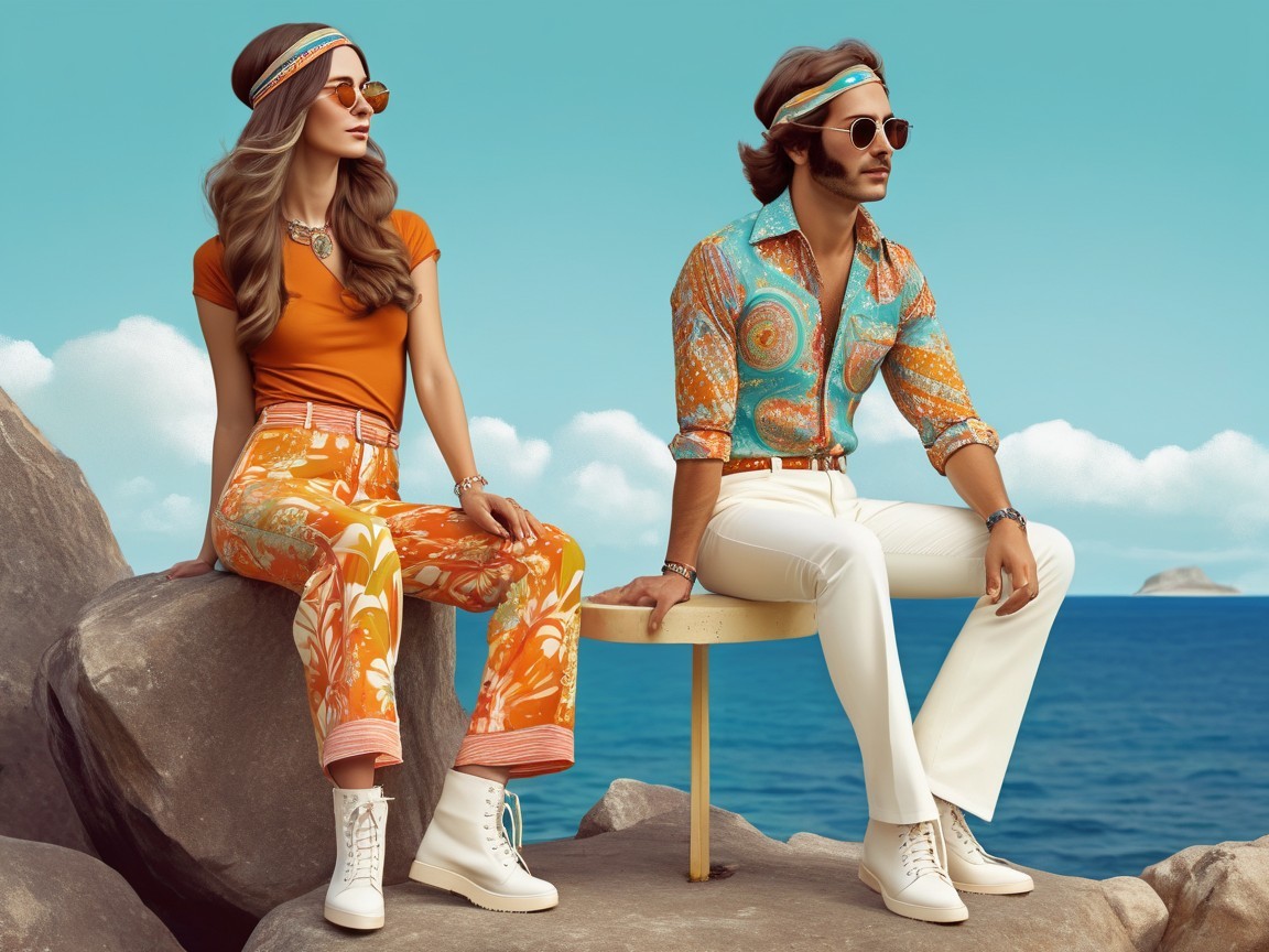 Retro Seaside Fashion with Flared Pants and Accessories