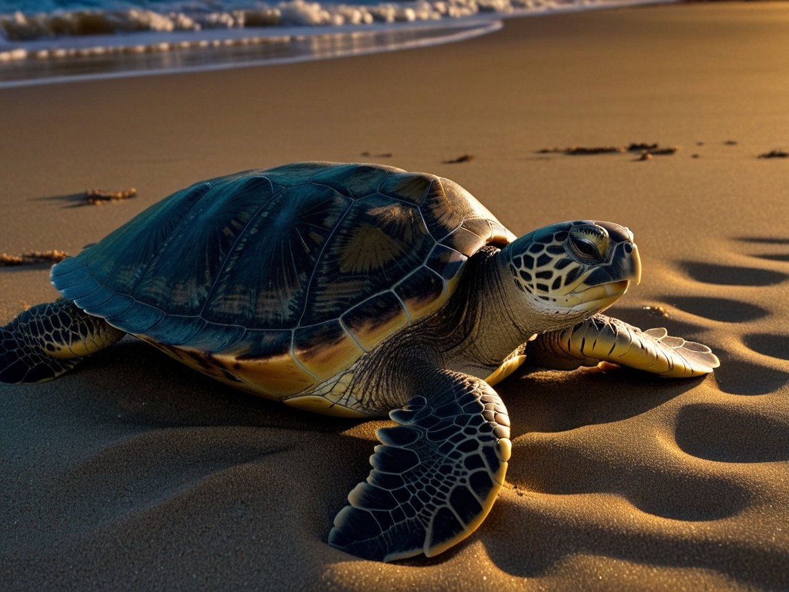 Turtle Resting on Sandy Beach at Sunset with Waves