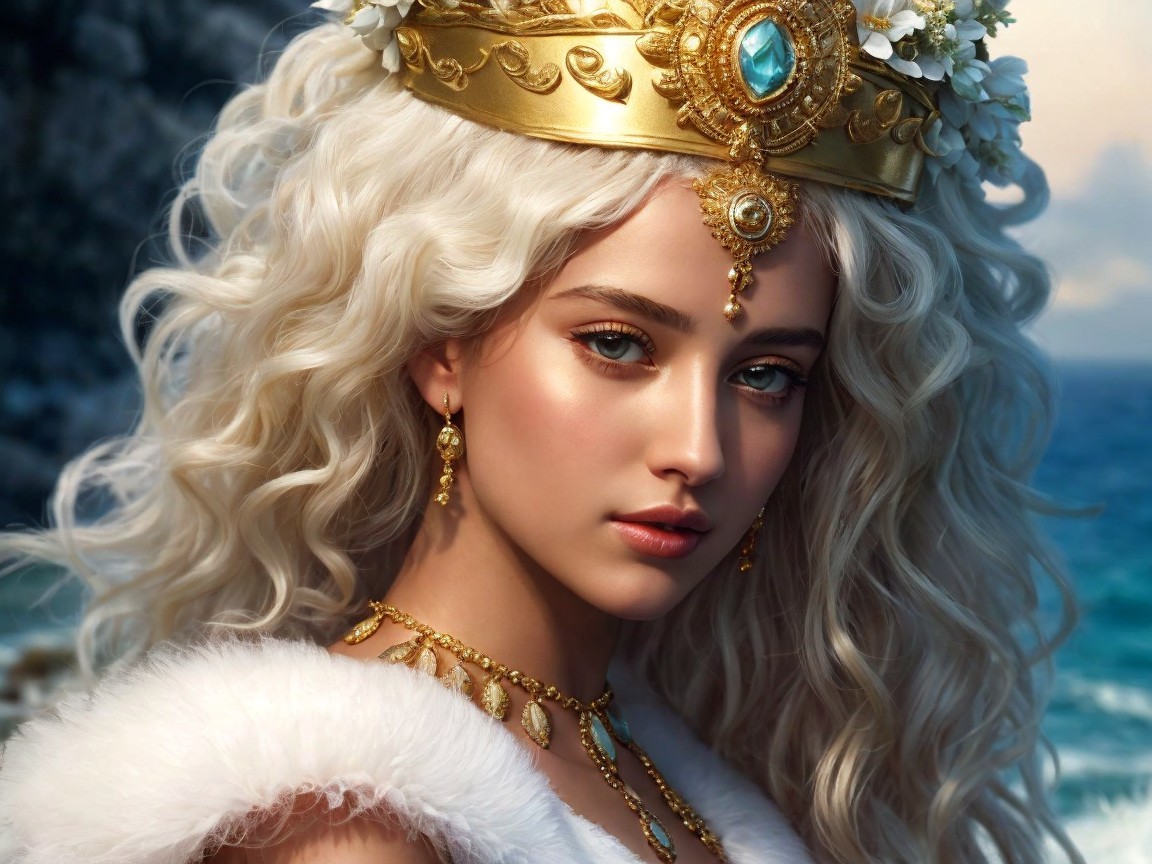 Young woman with blonde hair and floral crown by coast