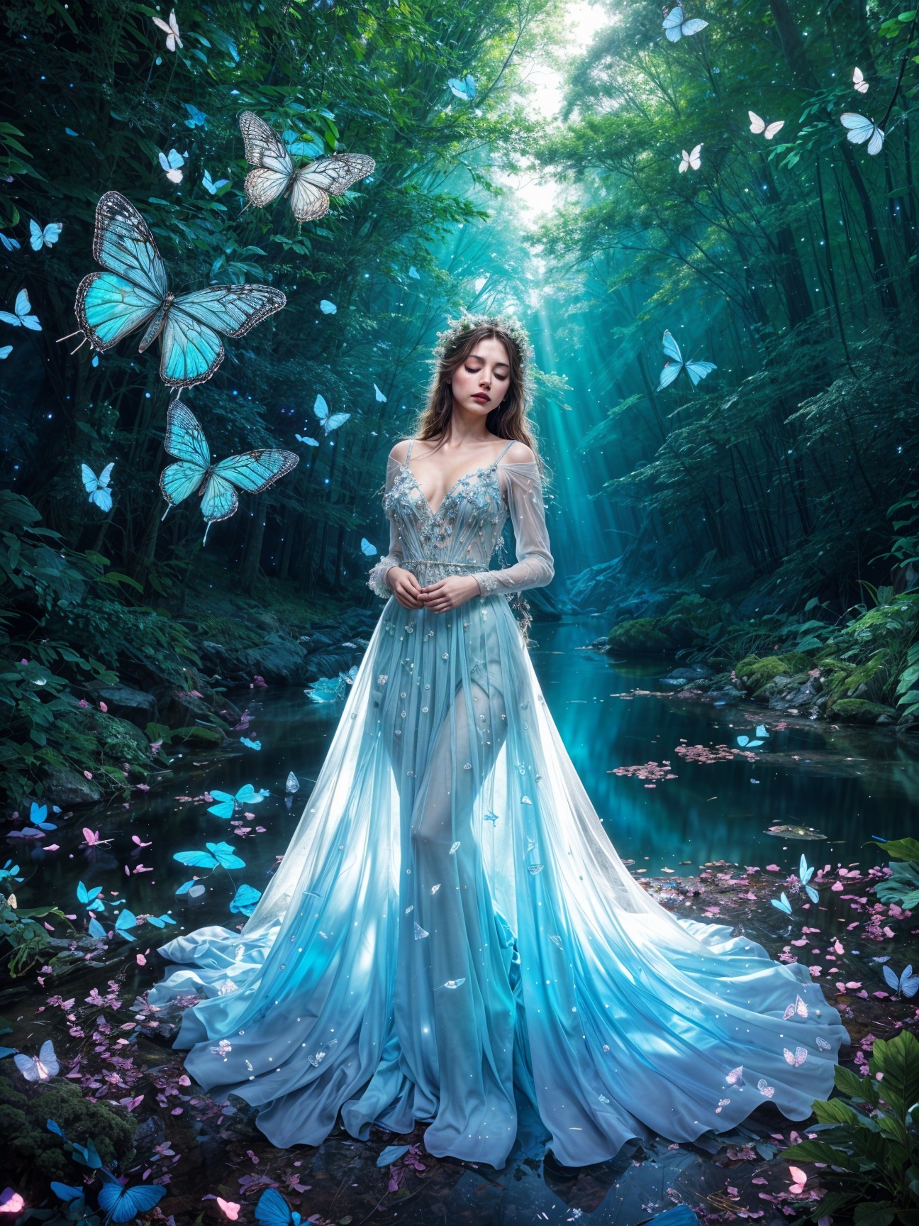 Mystical Forest Scene with Woman in Ethereal Gown