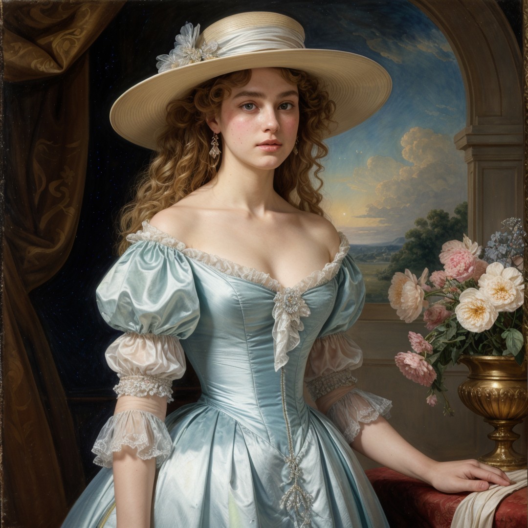 Elegant Woman in Soft Blue Gown in Luxurious Room