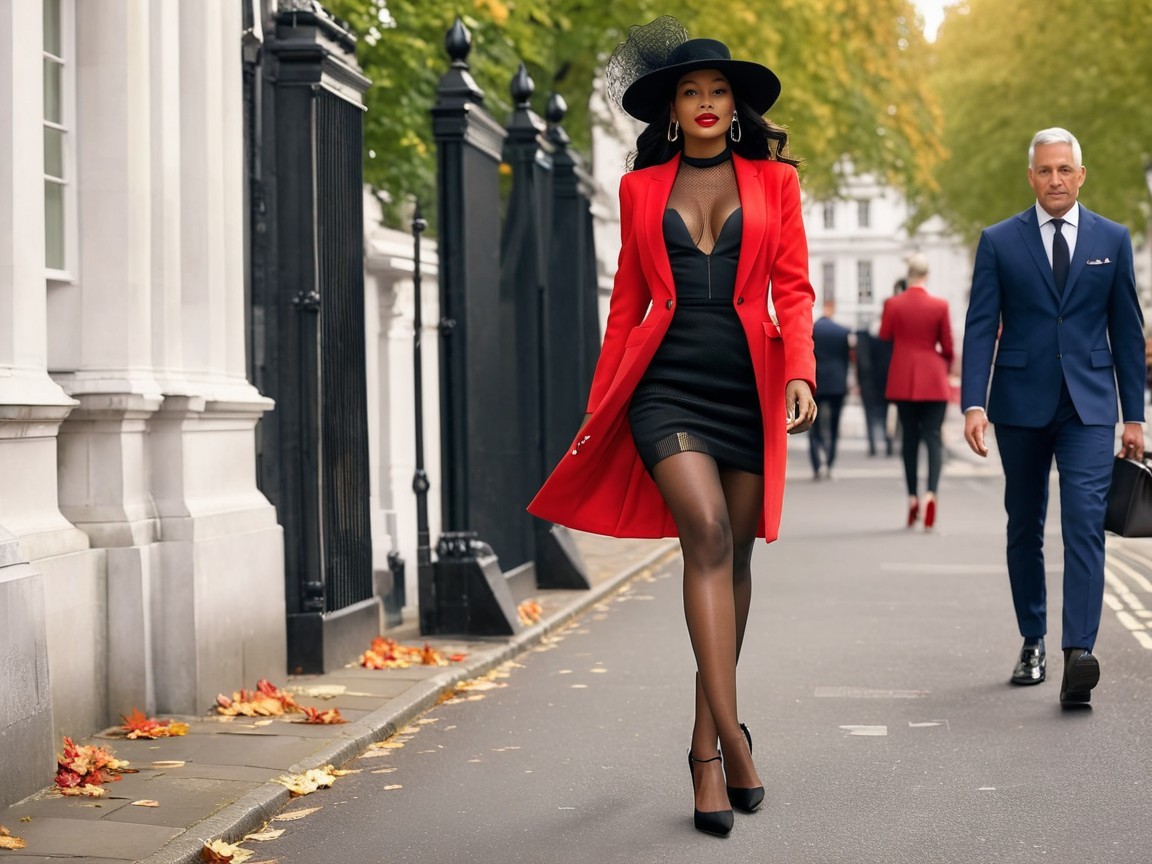 Stylish Woman in Red Coat on Autumn Street