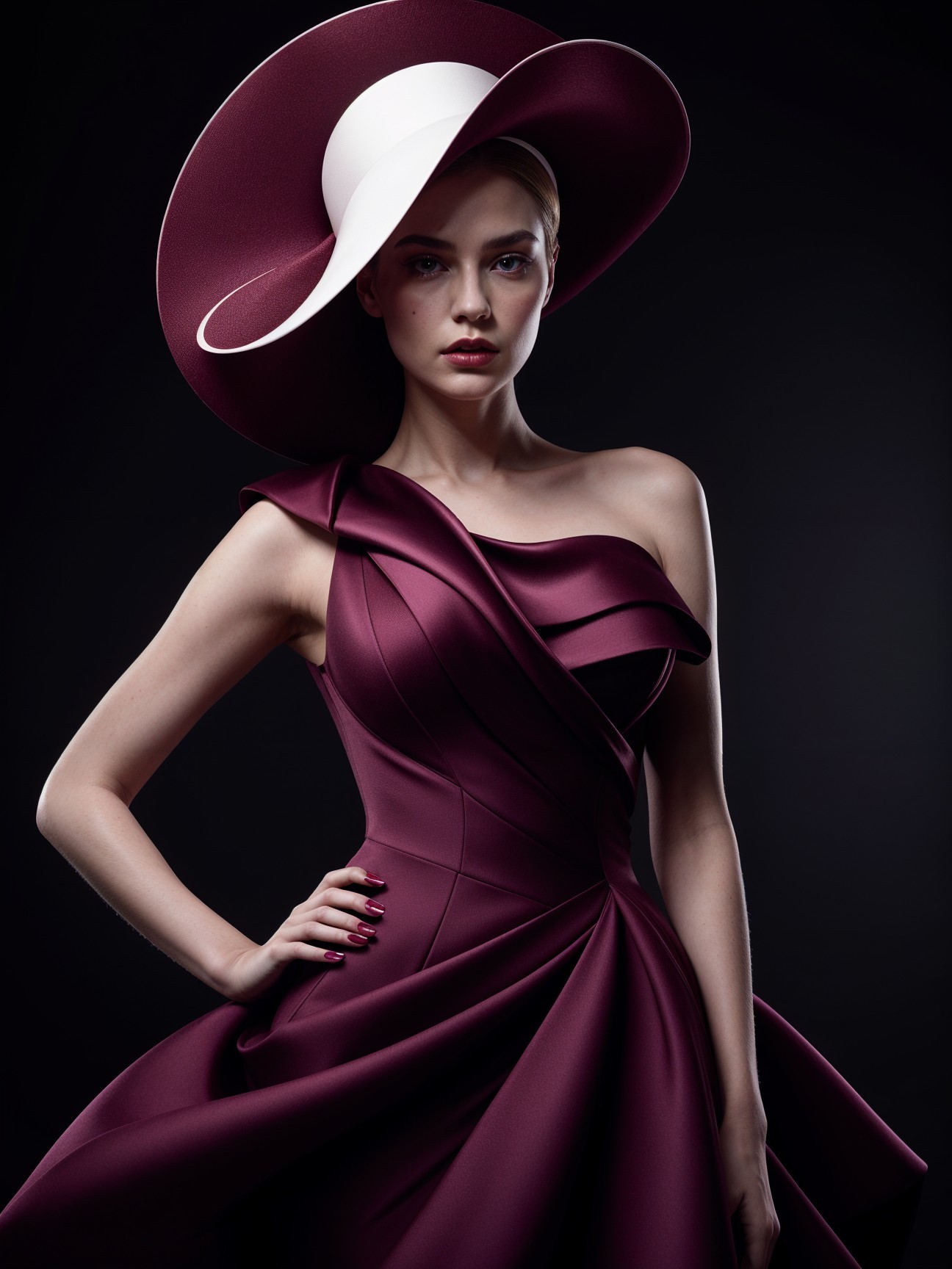 Portrait of a model in a burgundy one-shoulder dress