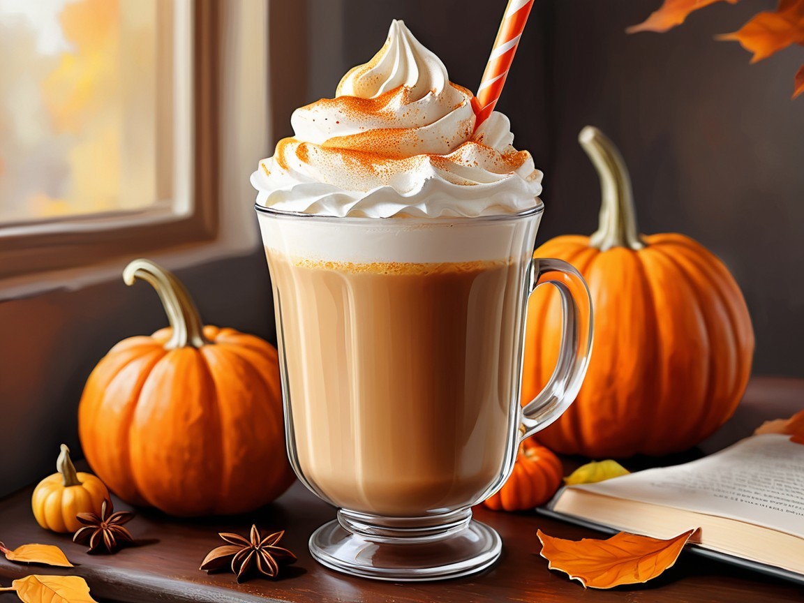Cozy Pumpkin Spice Latte with Autumn Decor Elements