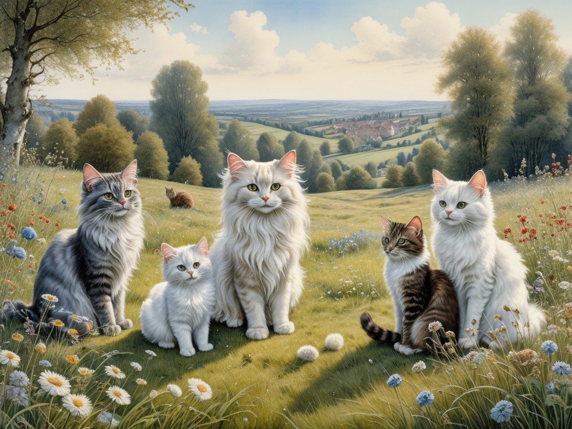 Cats in a Meadow Surrounded by Wildflowers and Hills