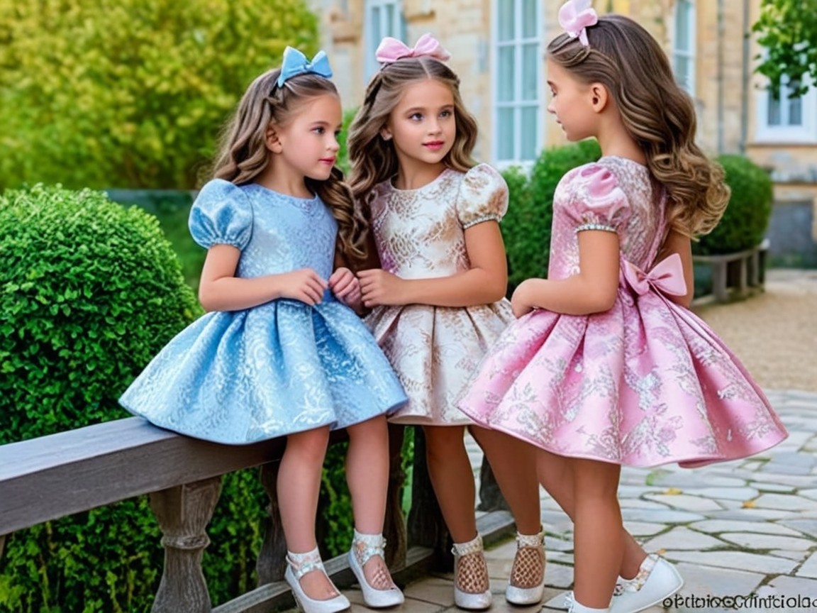 Young girls in pastel dresses outdoors with bows