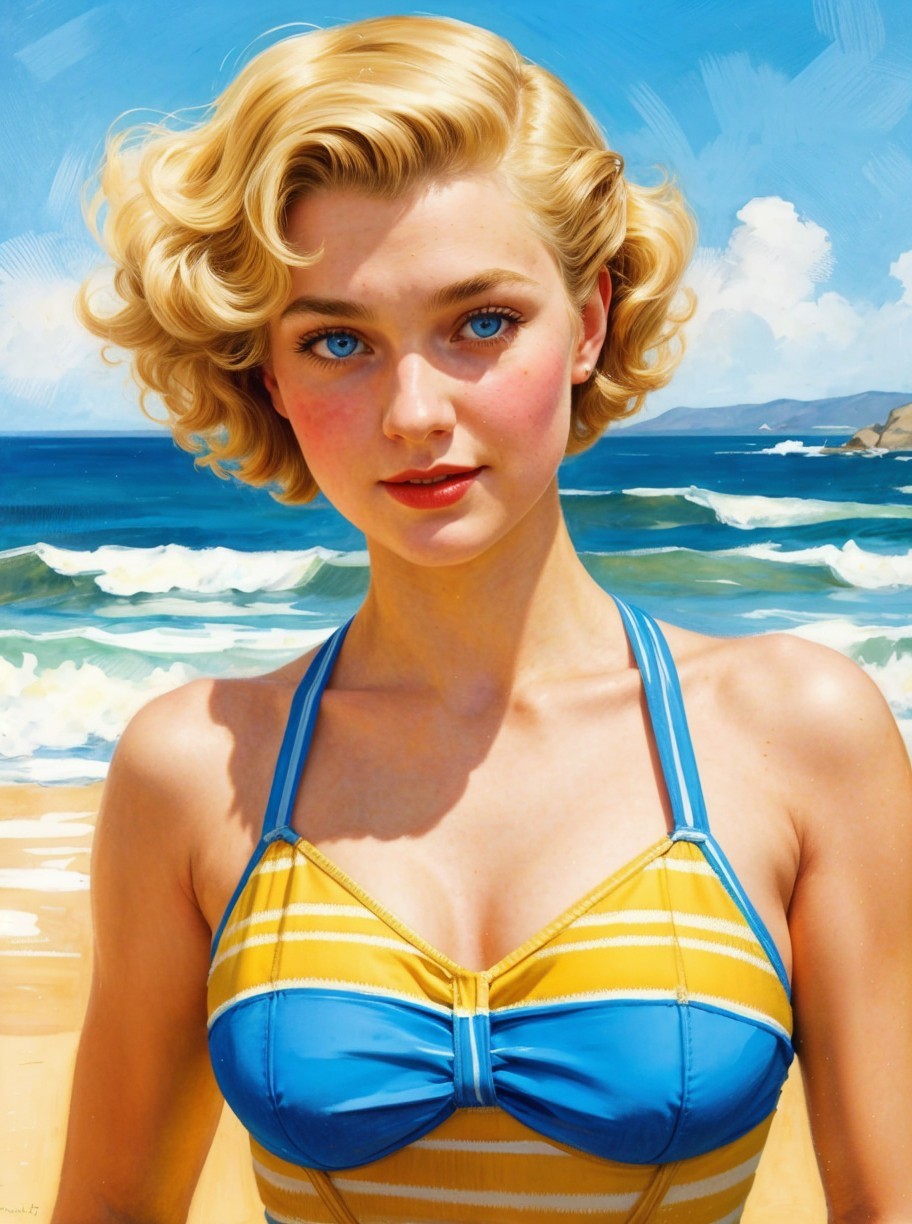 Young Woman in Bikini at Vibrant Beach Scene