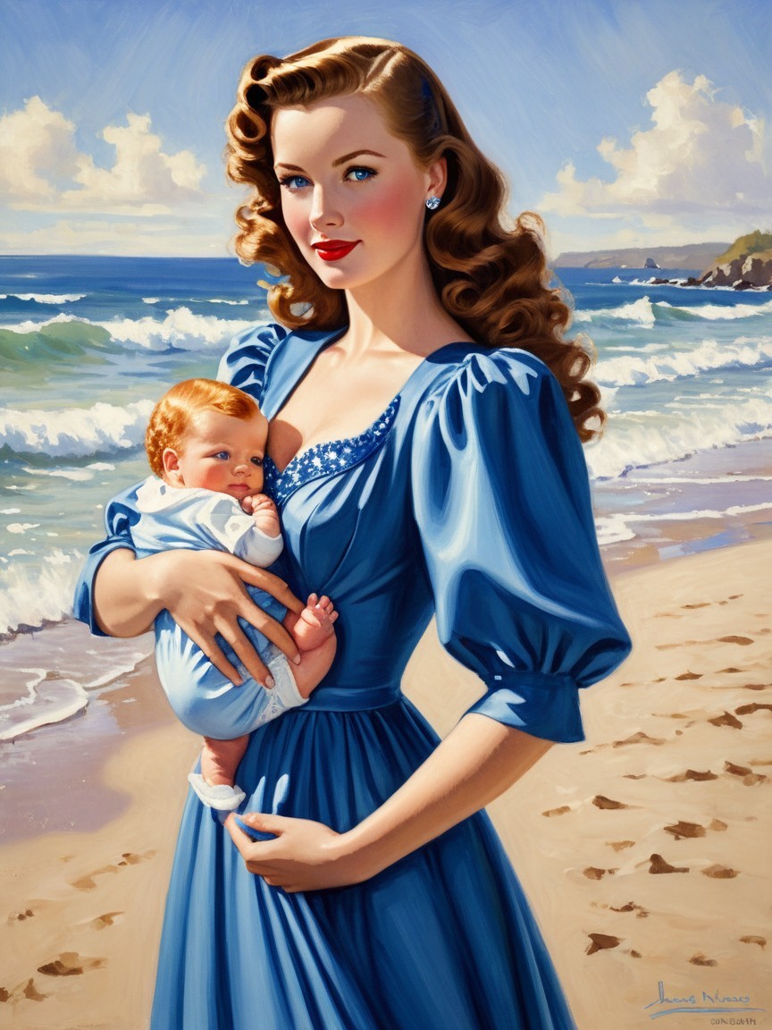 Woman in blue dress holding baby on sandy beach