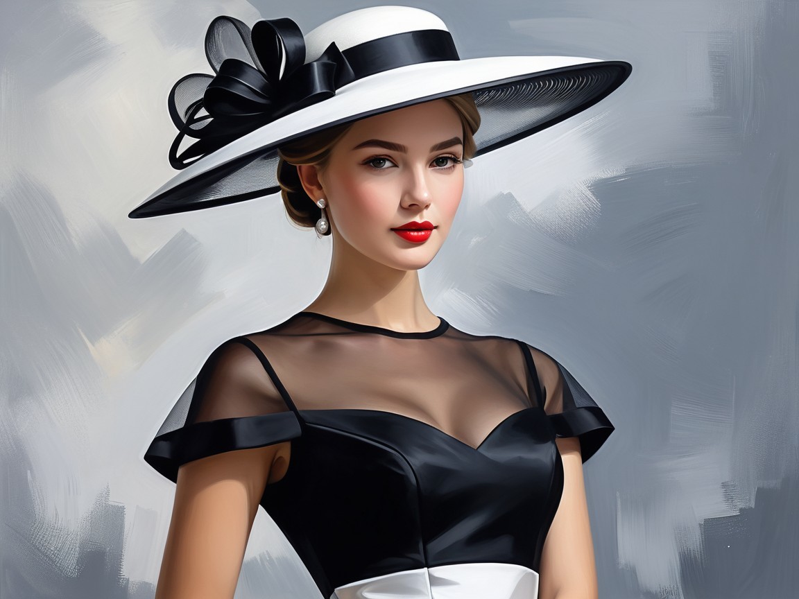 Elegant Woman in Black and White Outfit with Hat