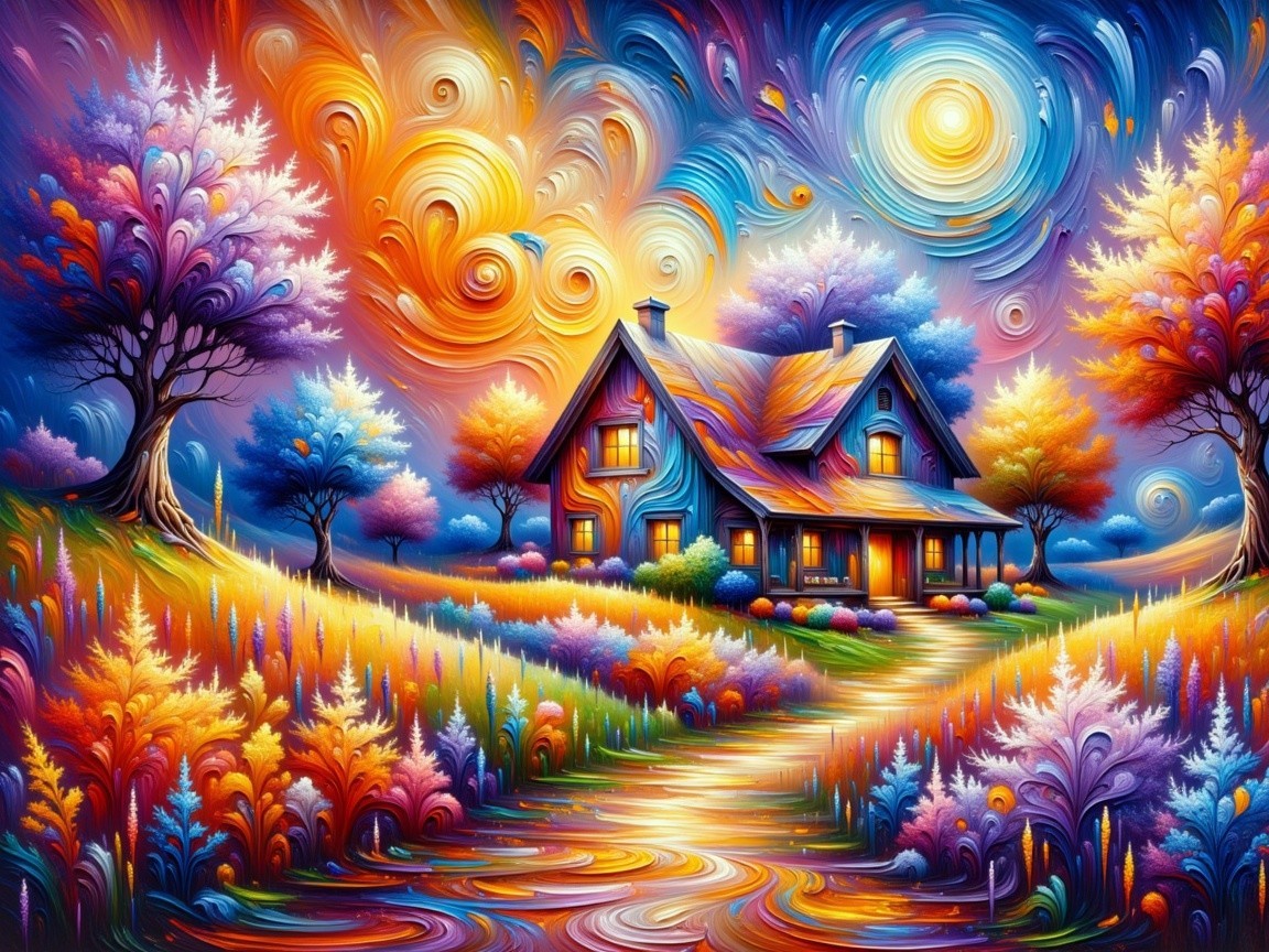 Vibrant Swirl-Patterned Landscape with Charming House