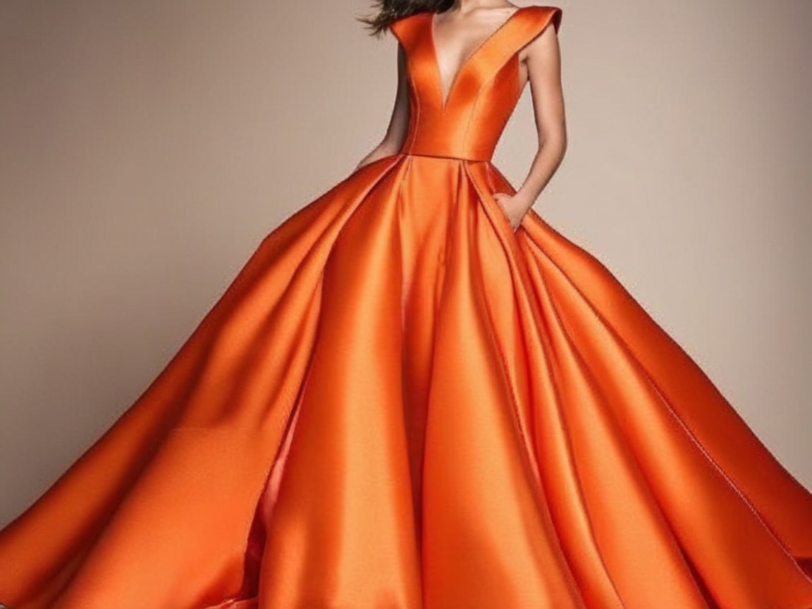 Elegant Orange Evening Gown with V-Neckline and Cap Sleeves