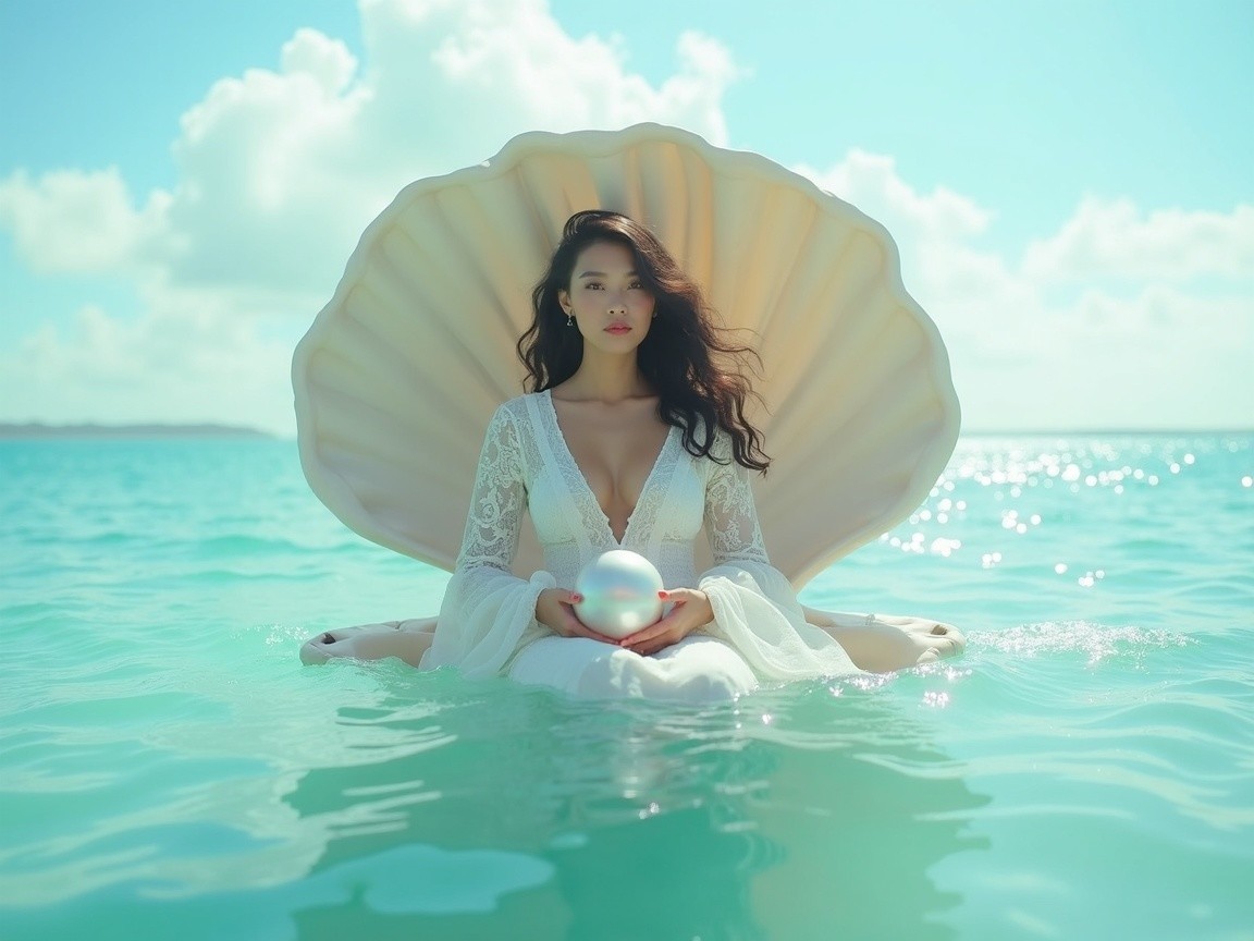 Woman in Seashell Surrounded by Turquoise Waters