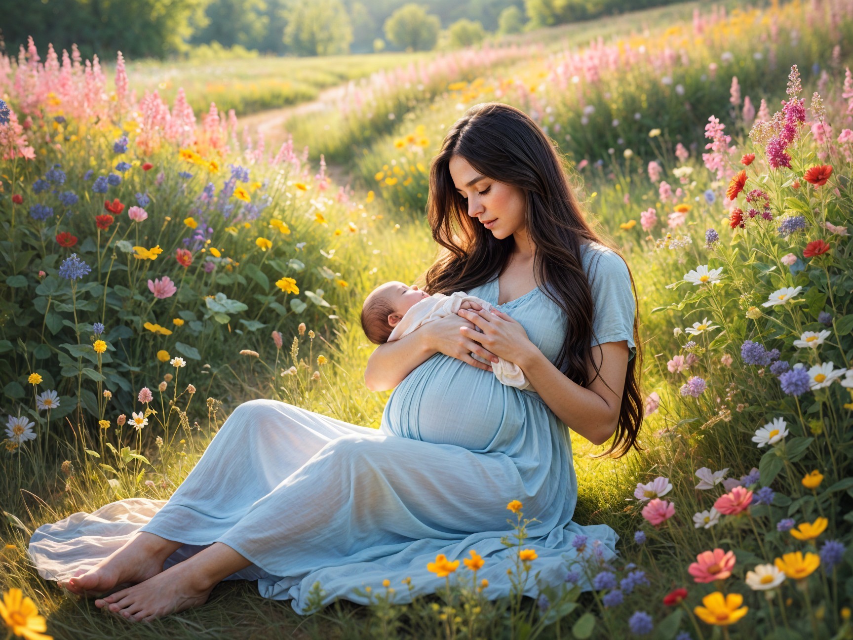 Serene Meadow with Woman and Newborn in Nature