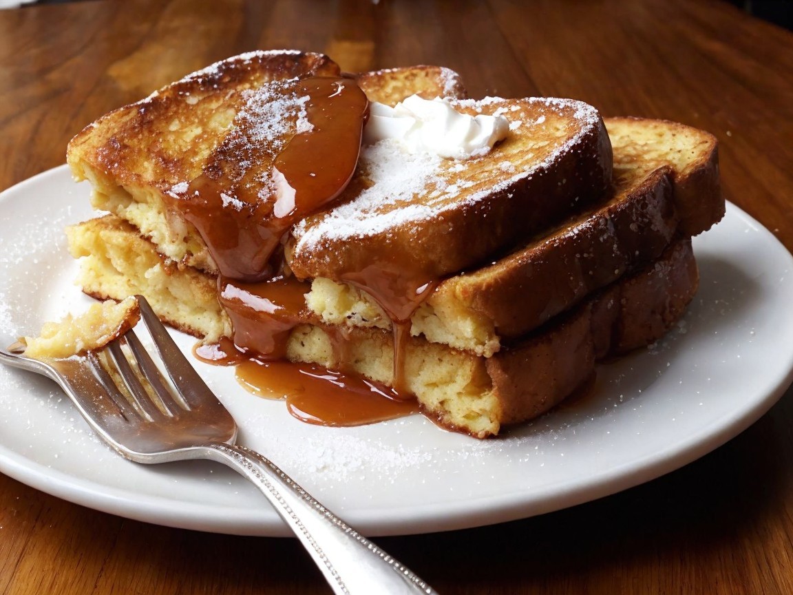 Golden French toast with maple syrup and whipped cream