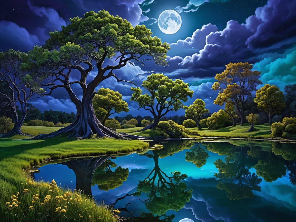 Serene Lake Landscape Under Moonlit Sky