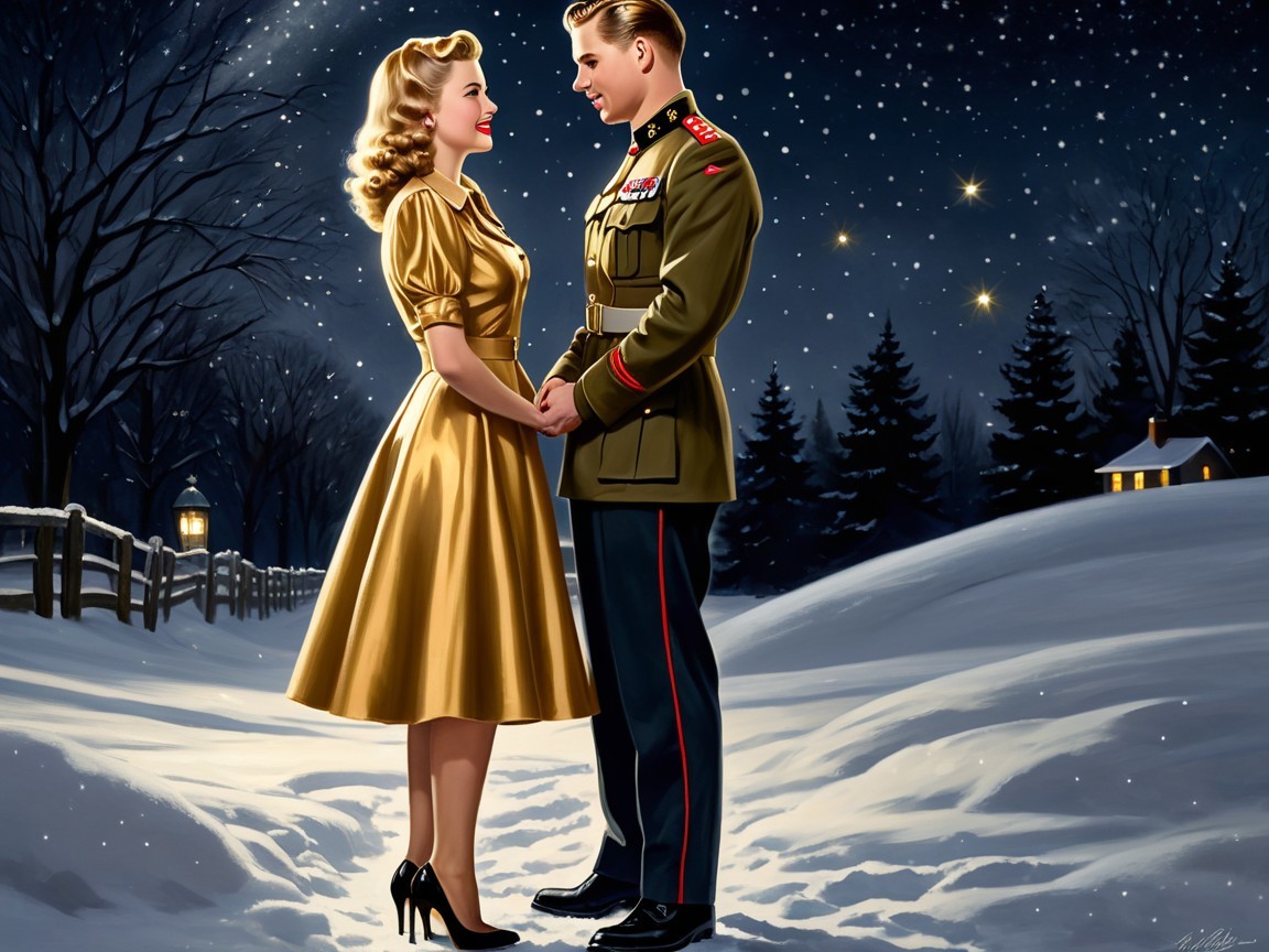 Couple in Military Uniform and Gold Dress in Snowy Scene