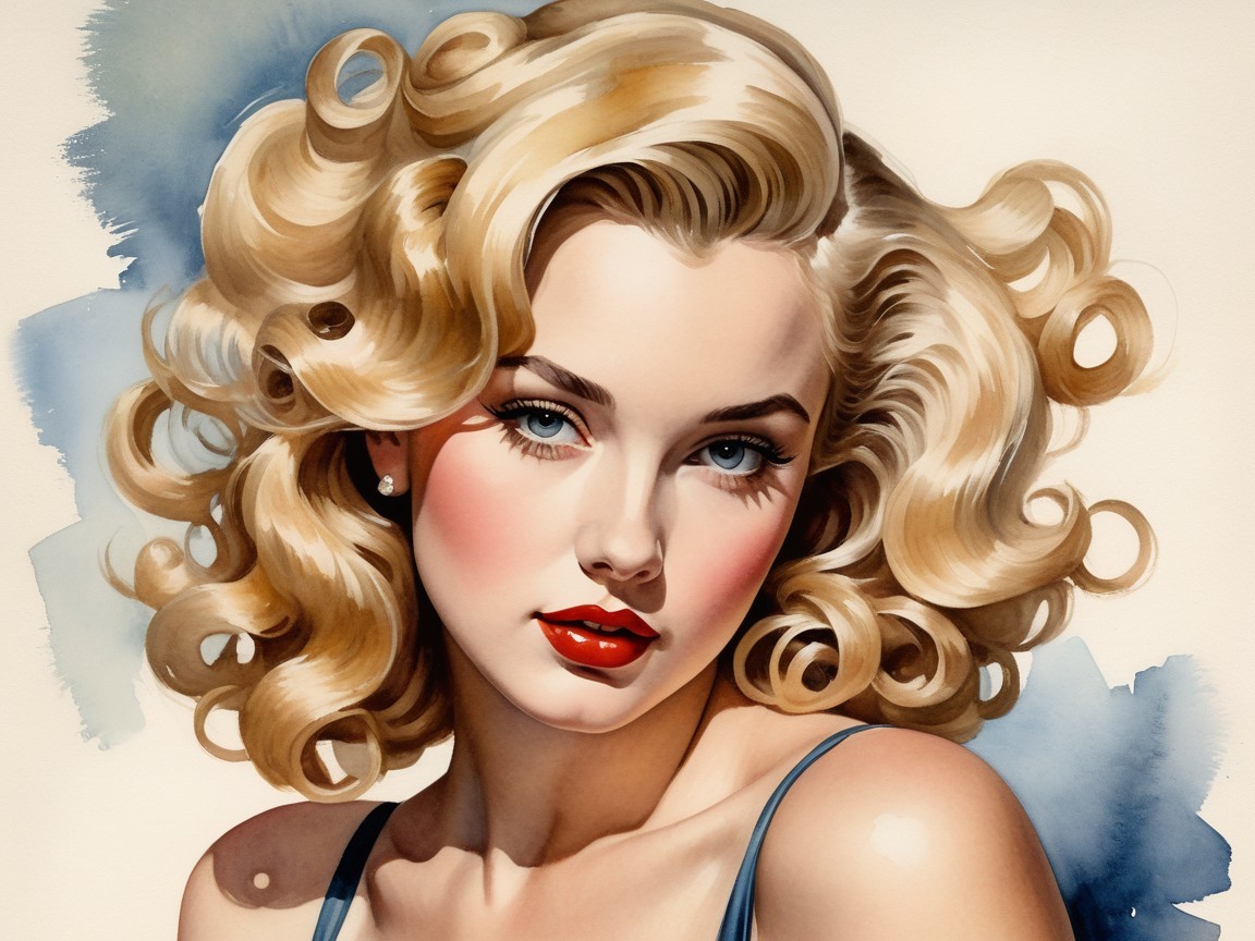 Glamorous Woman with Curly Blonde Hair and Blue Eyes