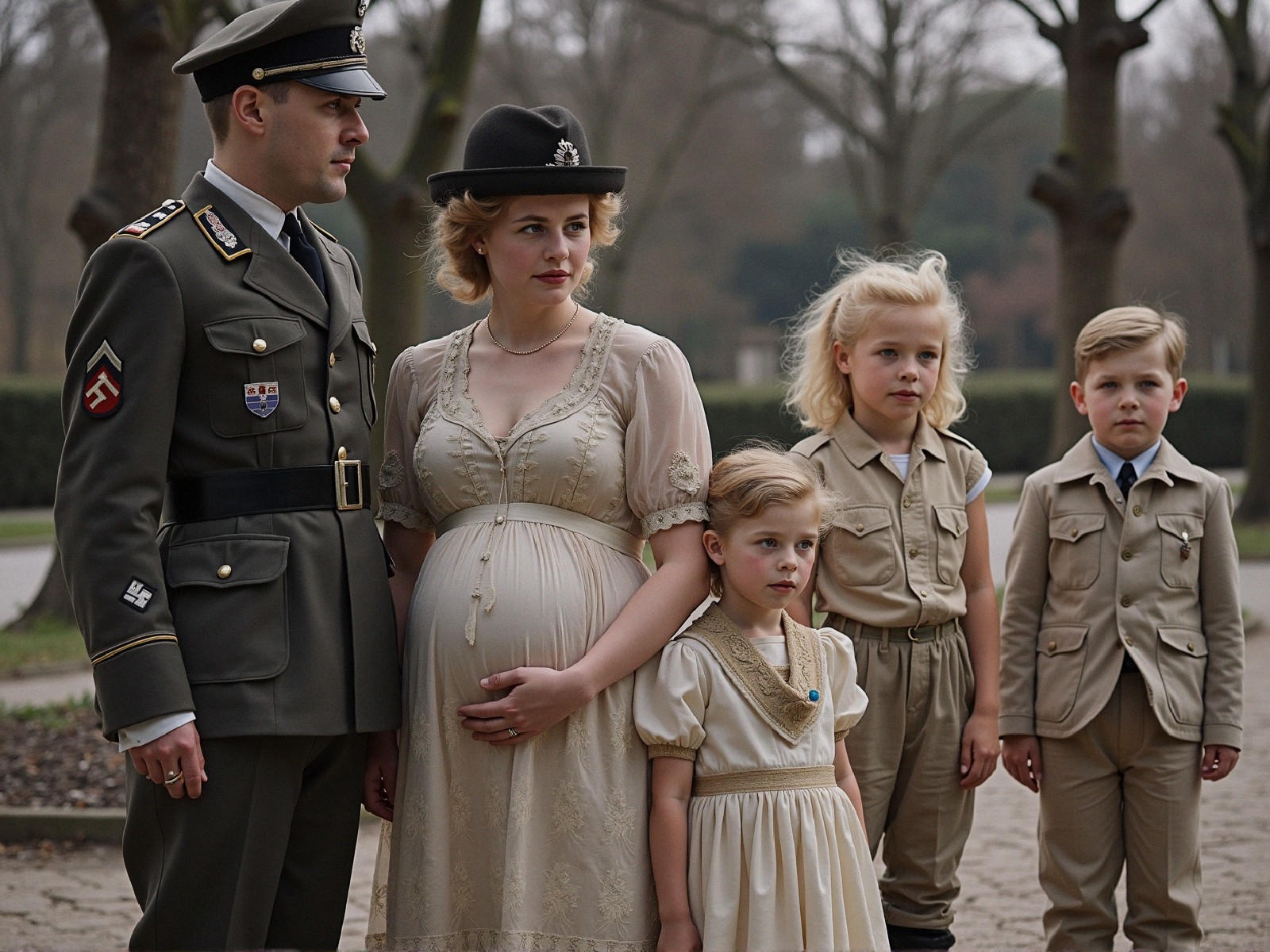 Uniformed Man and Pregnant Woman in Vintage Dress