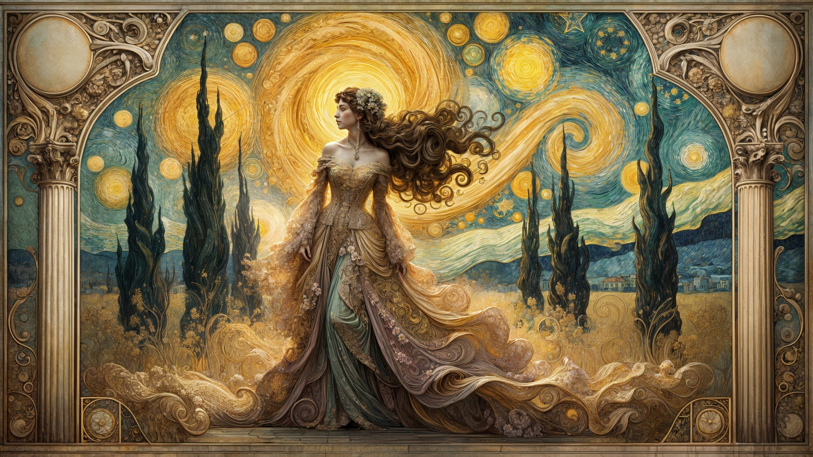 Woman in flowing gown in a starry landscape scene