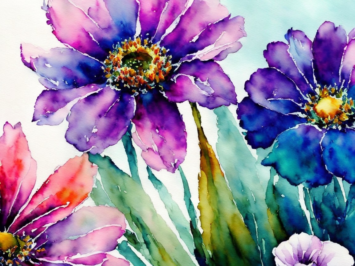 Vibrant Watercolor Bouquet of Purple and Pink Flowers