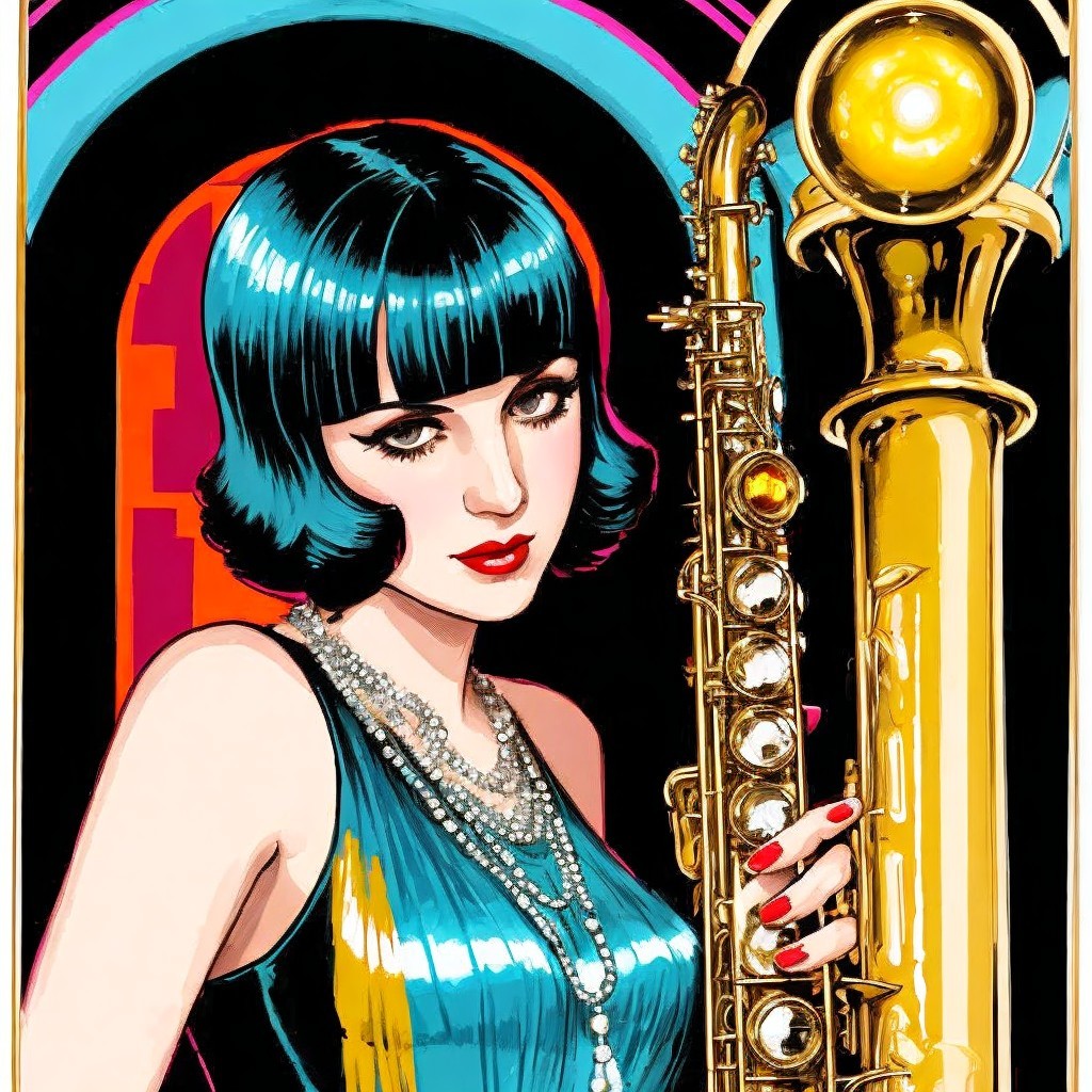 Stylized woman with turquoise hair and saxophone