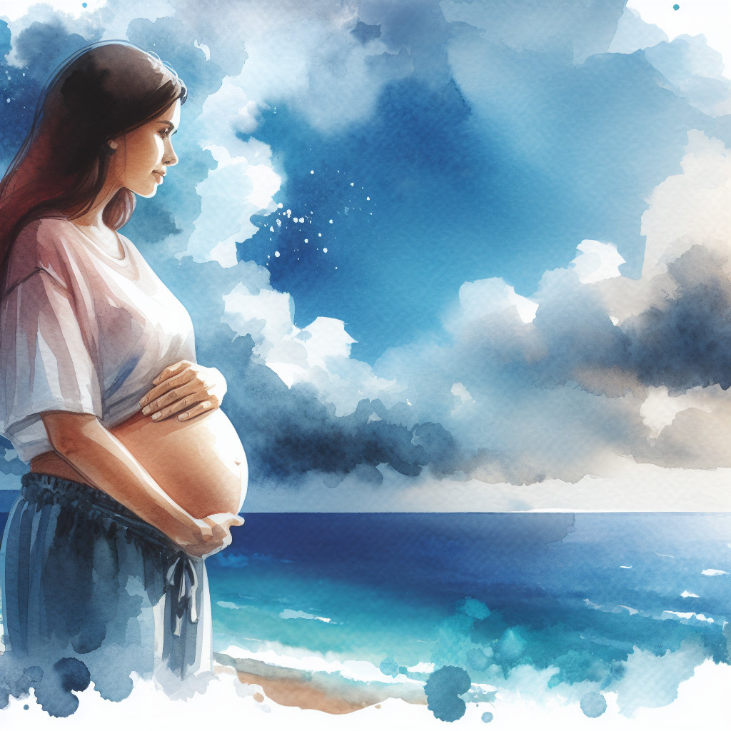 Pregnant Woman Reflects on Beach with Ocean View
