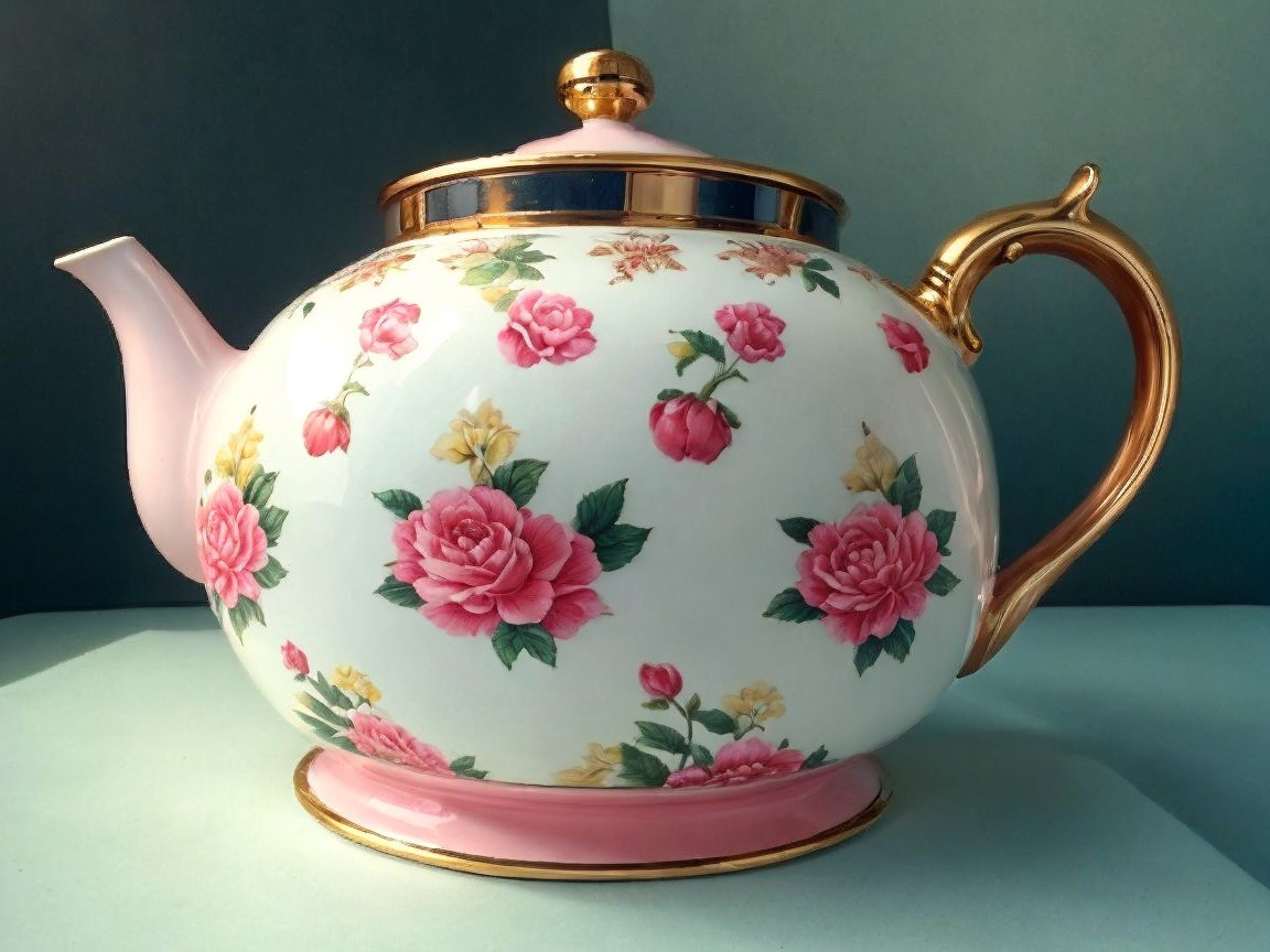 Elegant Bulbous Teapot with Floral Design and Gold Trim