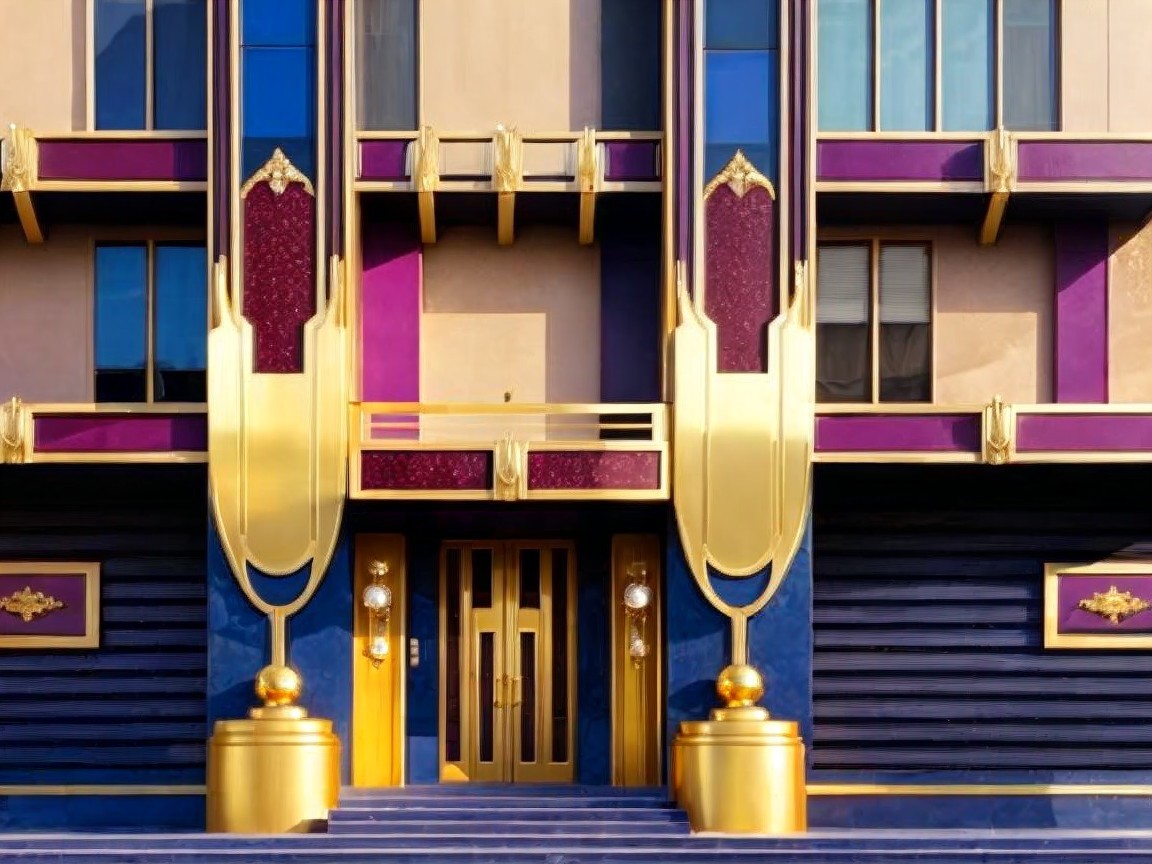 Architectural Facade with Purple and Gold Accents