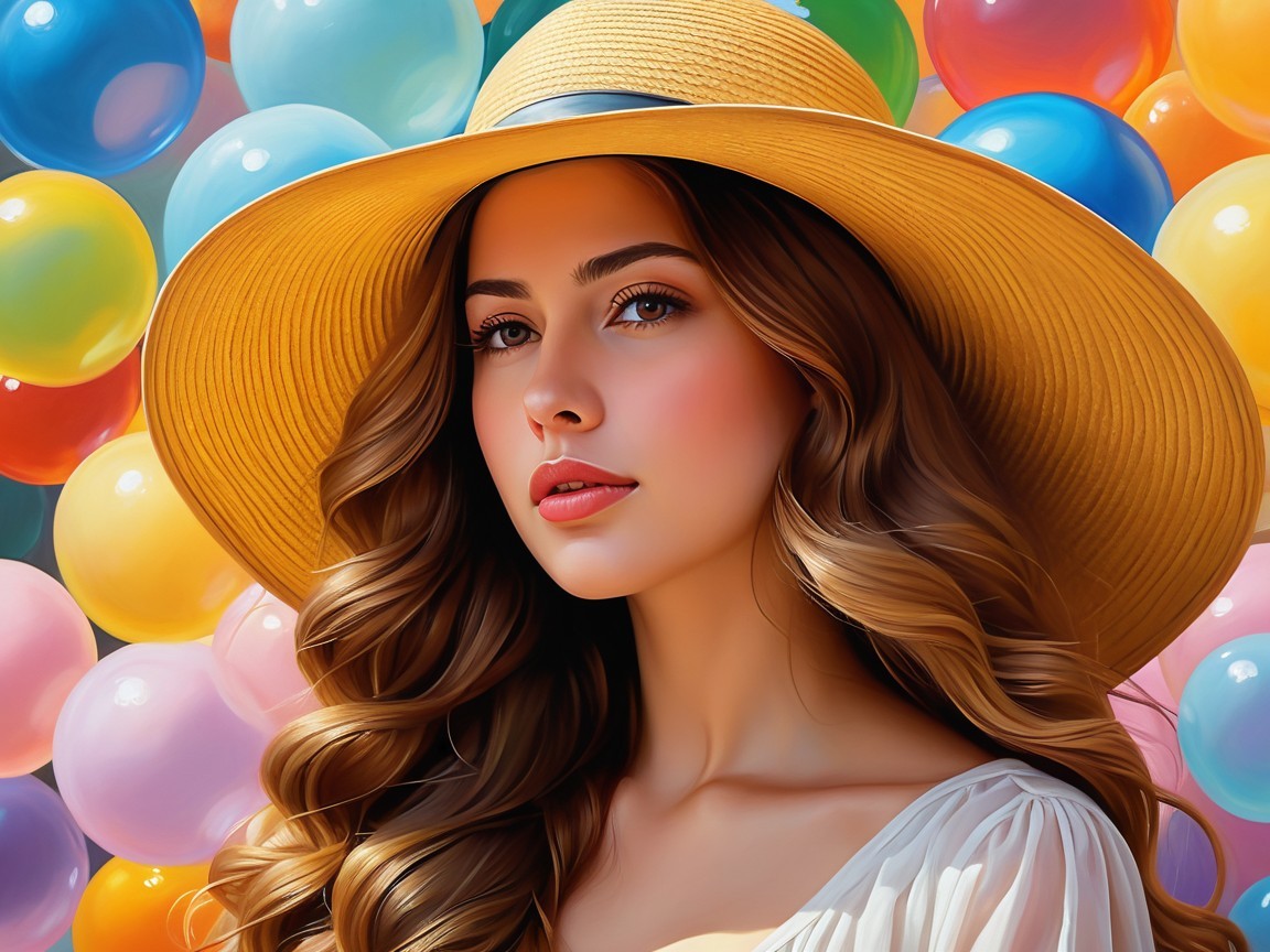 Young Woman in Straw Hat Against Colorful Balloons