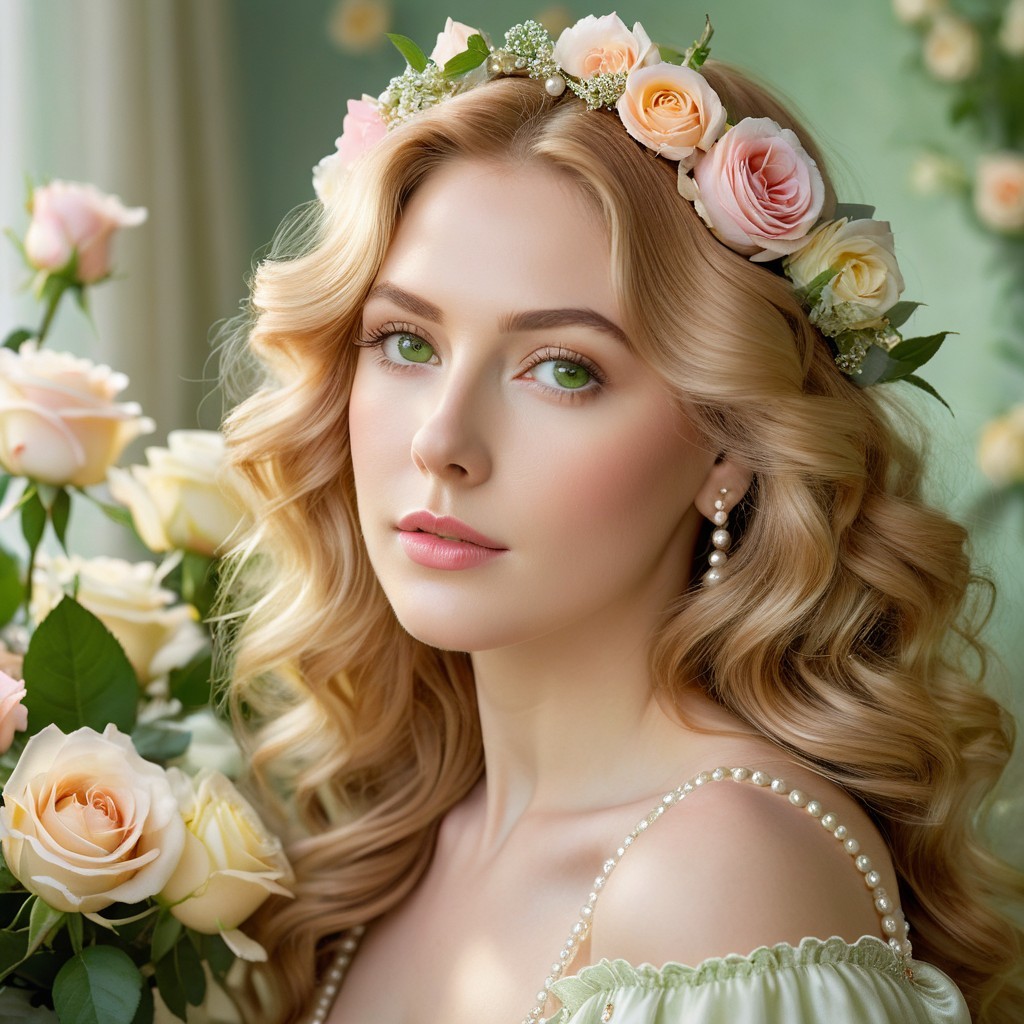Young woman in floral headband and green dress with roses