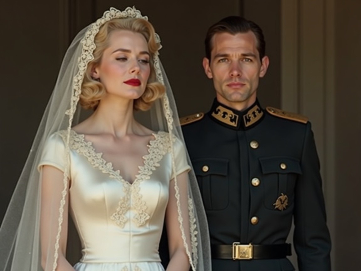 Elegant Bride in Vintage Lace Gown with Groom in Uniform