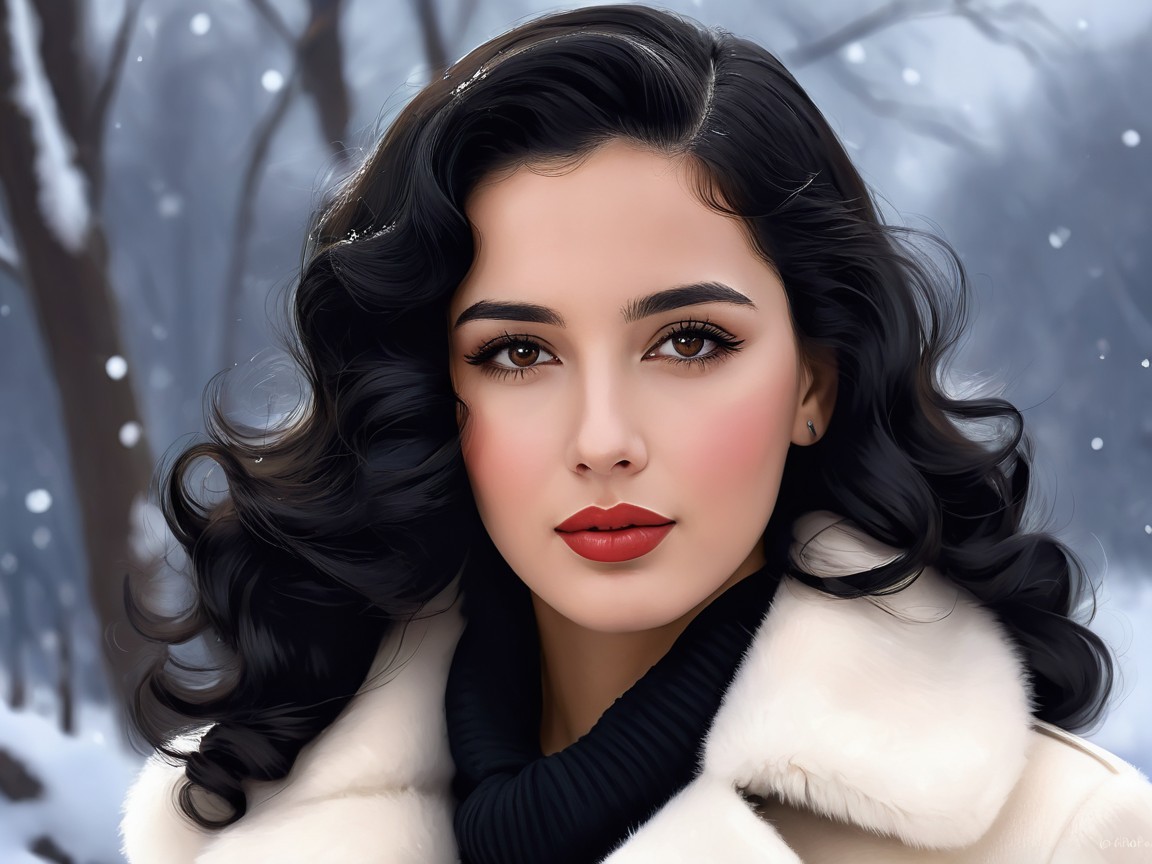 Young Woman in Black Curls Against Snowy Landscape