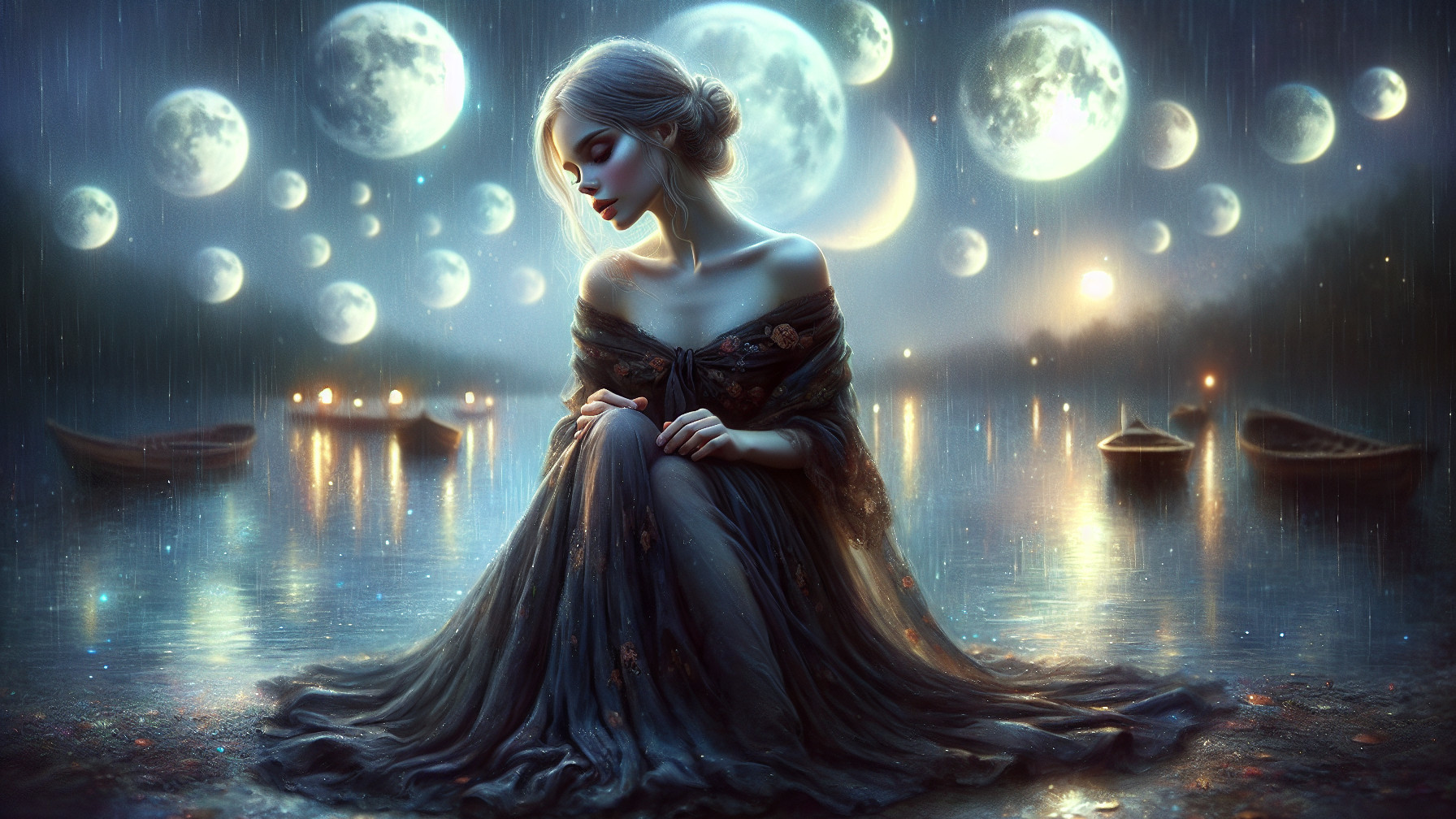 Young Woman in Elegant Gown by Tranquil Lake at Night