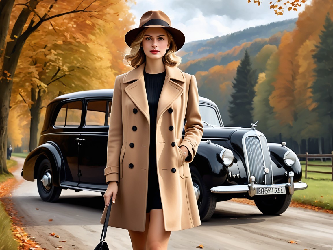 Stylish Woman in Camel Coat on Autumn Road