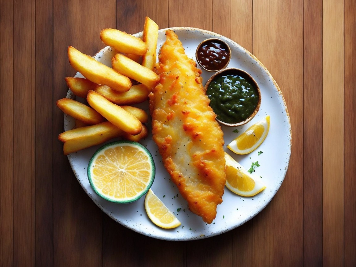 Golden-Battered Fish Fillet with Crispy Fries and Sauces
